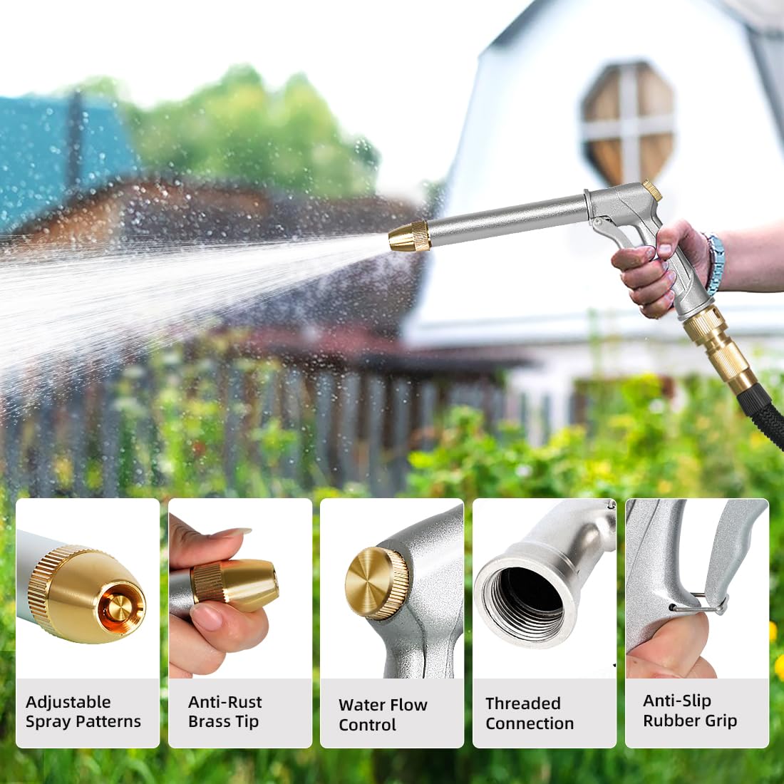 Pulverizador de boquilla de manguera de jardín, 100 % de metal resistente, boquilla de manguera de agua de alta presión, se adapta a rosca de manguera de jardín de 3/4 pulgadas, boquilla ajustable de