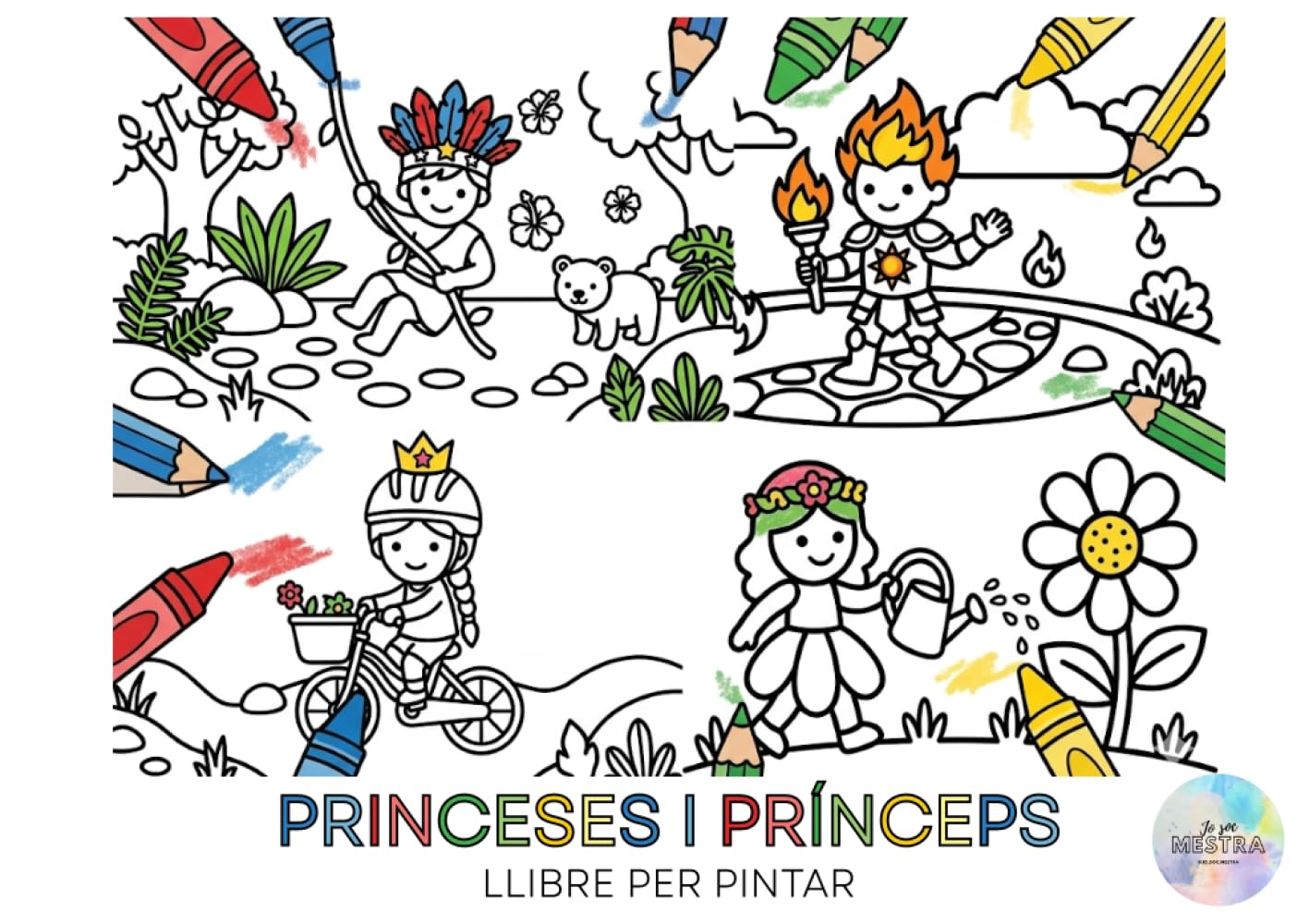 Princeses i prínceps: llibre per pintar: 50 personatges amb diferents habilitats i aventures: dibuixos de línies gruixudes per aprendre a pintar