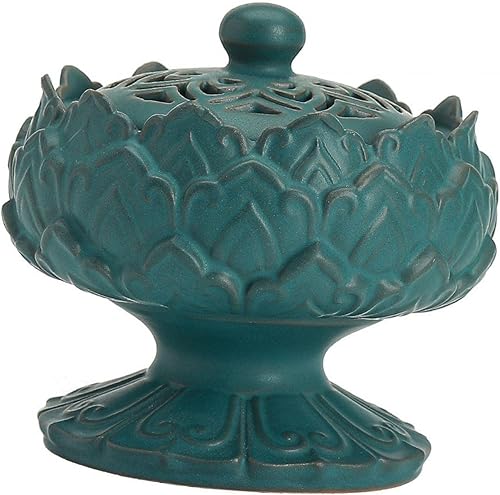 Miniatura 7 de Quemador de incienso de loto de cerámica vintage redondo con tapa, tamaño de adorno de 4 x 3.8 pulgadas para diferentes variedades, incienso chino,