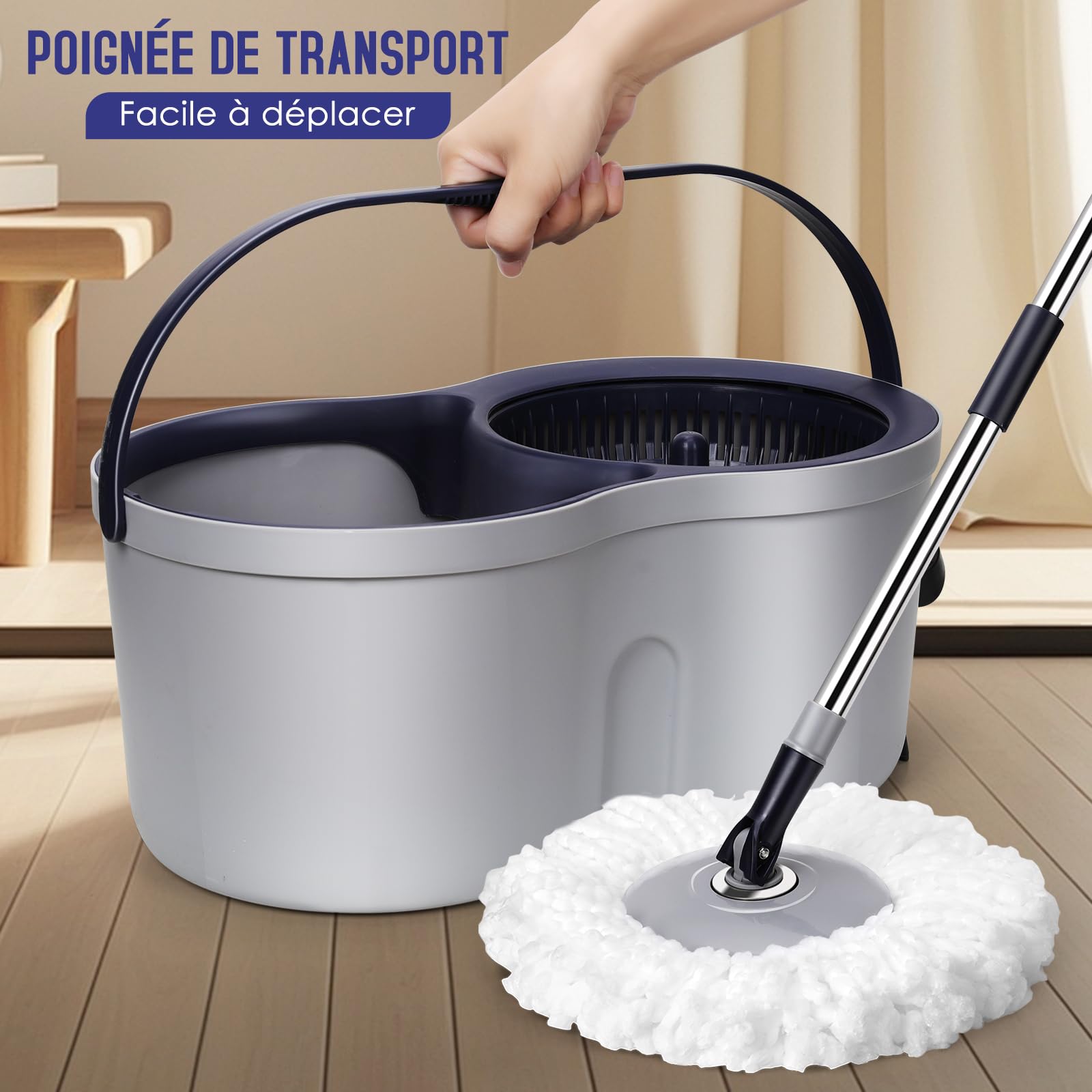 Seau Essoreur à Pédale et Balai à Franges, 2-en-1 pour Nettoyage de Sols en Plastique, Rond, sans Couvercle, Ensemble de Nettoyage de Sol