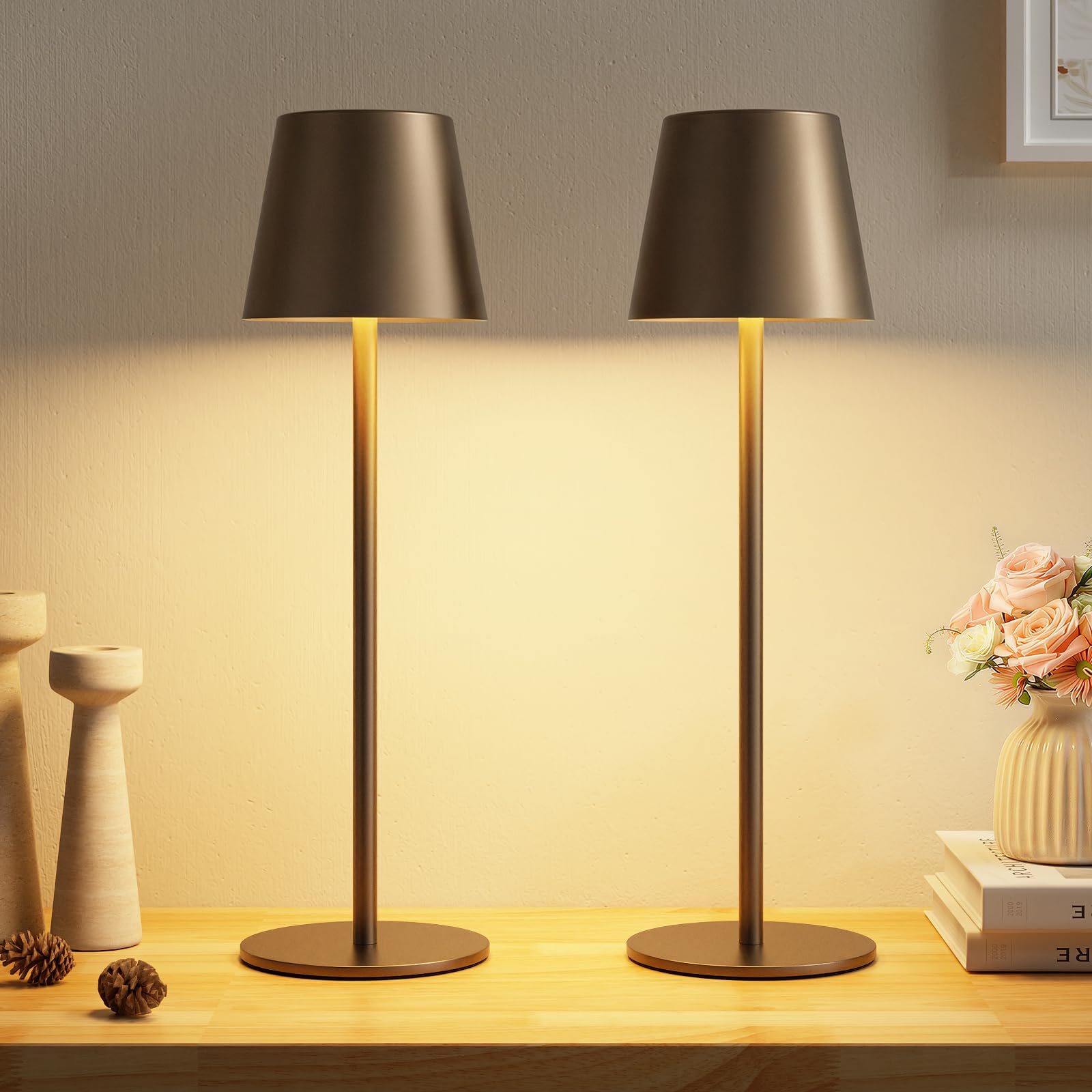 2 lampade da tavolo senza fili, a LED, dimmerabili, touch con 3 temperature di colore, per esterni, USB-C, ricaricabile, per comodino, tavolo da pranzo, campeggio (marrone)
