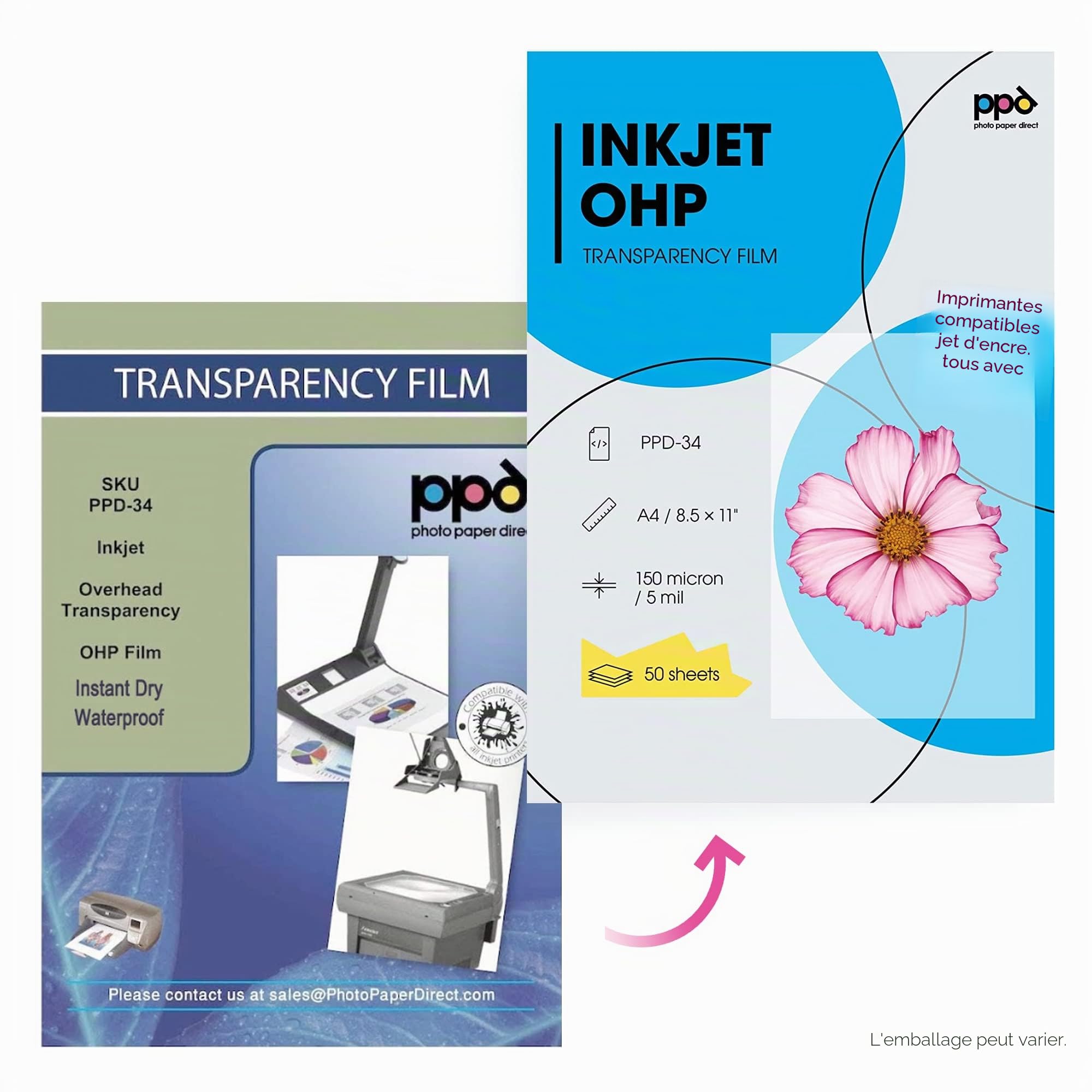 PPD A4 X 50 Films Transparents pour Rétroprojecteur, Impression Jet d'Encre, 10 Feuilles OHP Premium, Noirs Profonds, PPD-34-50