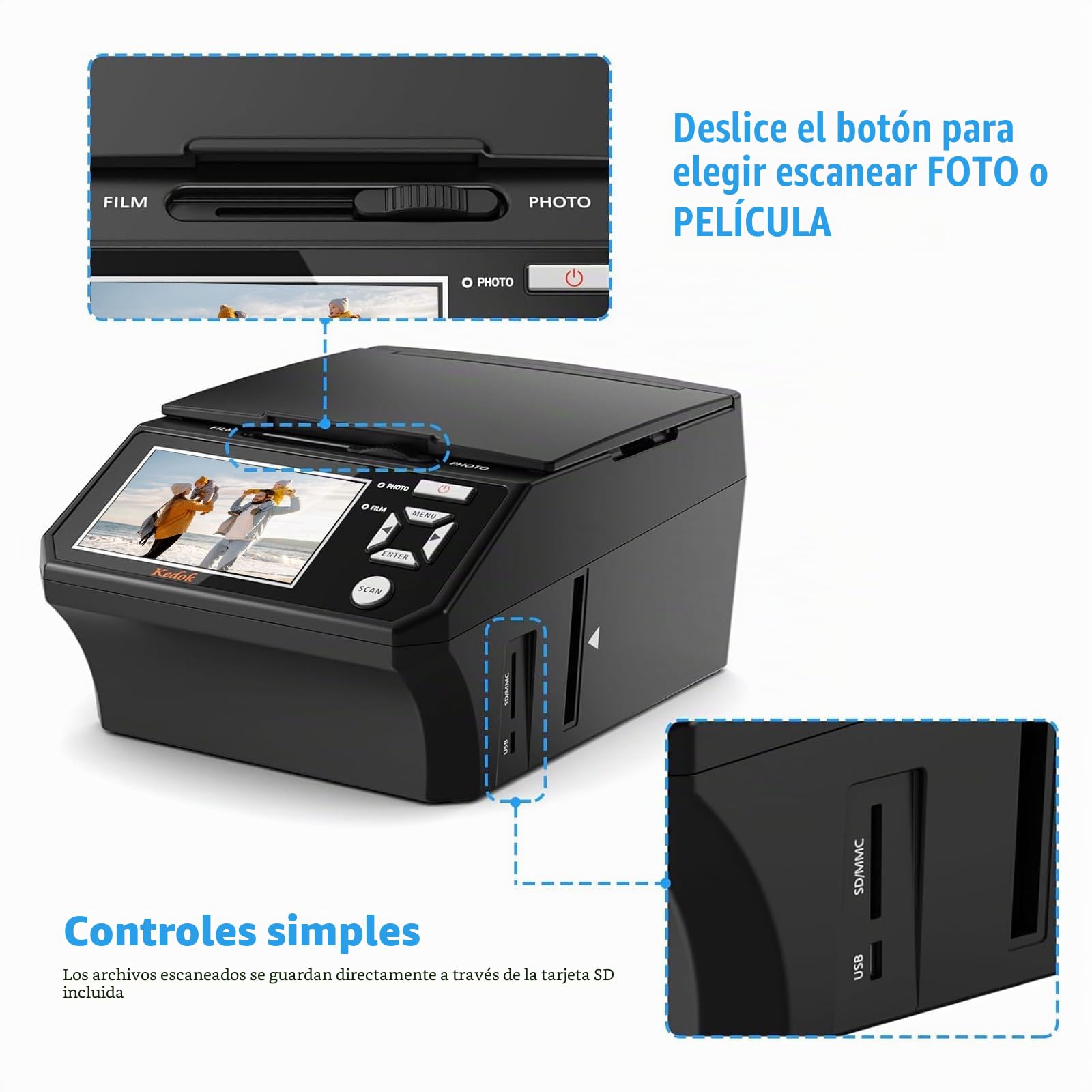 Escáner de Diapositivas Digital de 22 MP con Pantalla LCD de 5 Pulgadas - Convierte fácilmente películas/Fotos y Tarjetas de Visita de 35 mm, 110 a Formato JPEG, Tarjeta de Memoria de 8 GB incluida