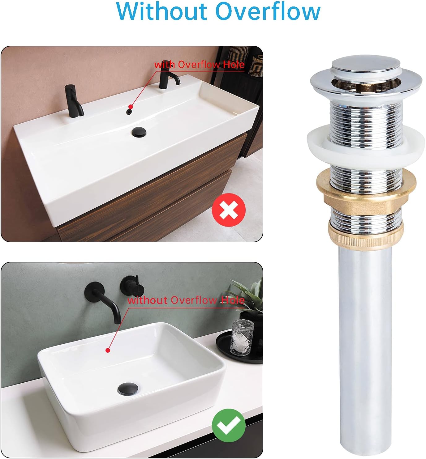 KOADD Bathroom Sink Drain without Overflow, Pop up Drain Stopper with Big Cap, for Vessel Sink, Matte Black - - 