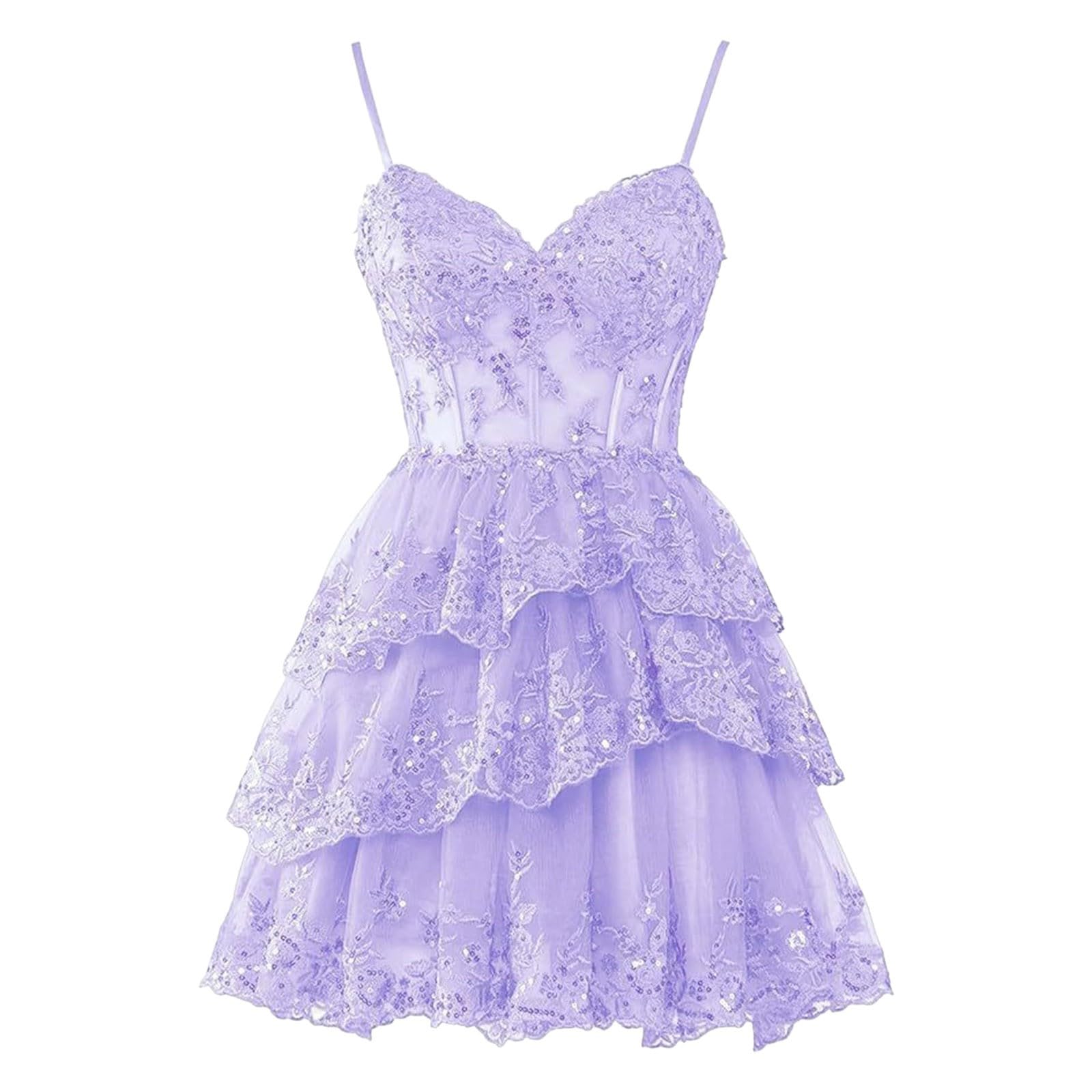 Générique Robe de soirée Courte et élégante pour Jeune Femme en Dentelle Scintillante avec Volants et Coupe trapèze pour Une Moderne