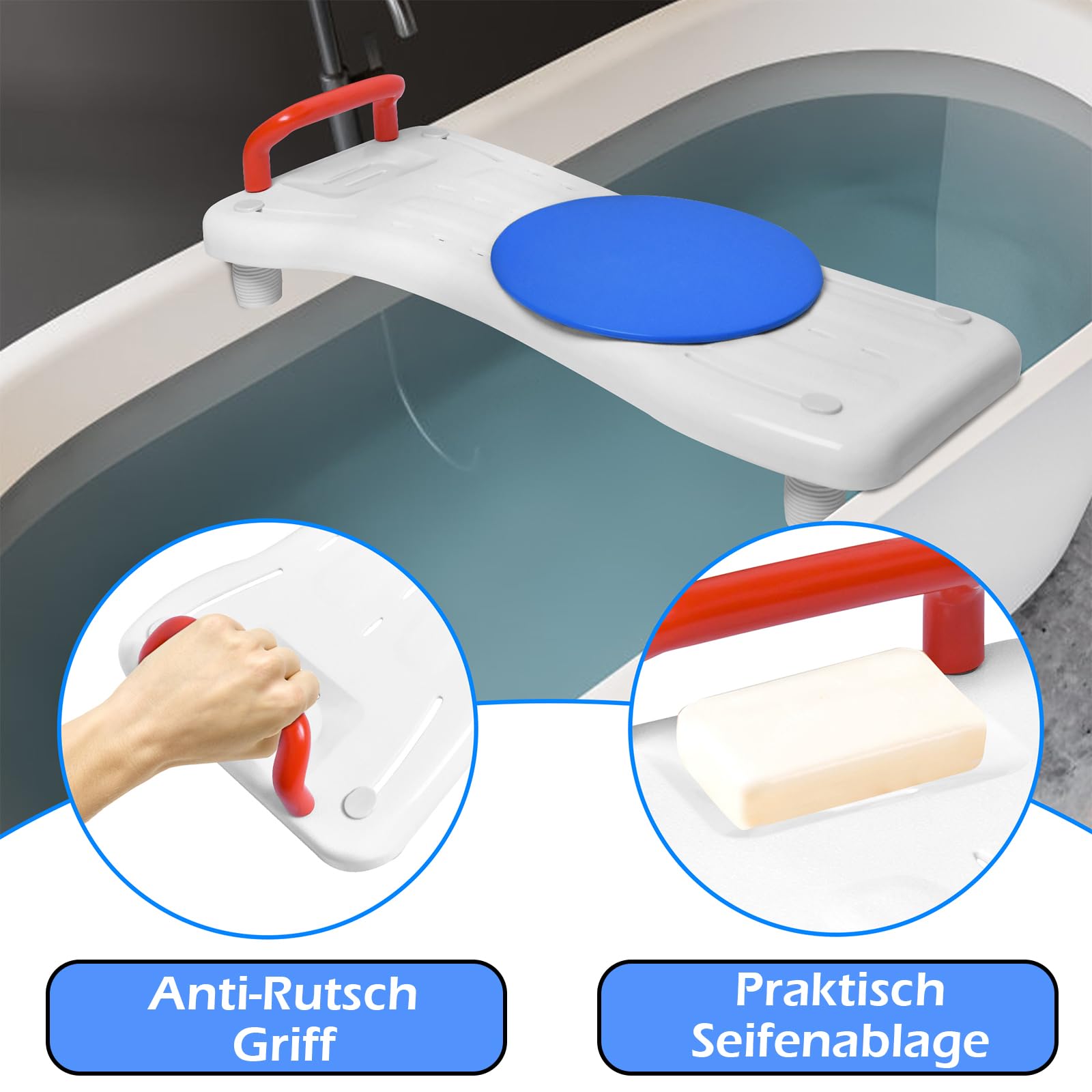 LZQ Badewannenbrett Badewannensitz Senioren mit 360º Drehscheibe, Rot Griff und Seifenablage, Einstellbar Wannensitz Sitzbrett für Badewanne für Erwachsene Tragkraft 150kg