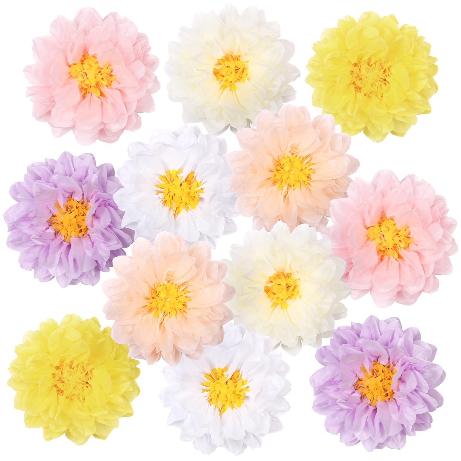 AUAUY 12PCS Paper Flowers Decorations, Spring Party Decorations, Multicoloured Daisy Paper Flower Pom Poms, Small Tissue Flowers Decor for Birthday, Weddings, Festivals, Garden Home - 4 Colors