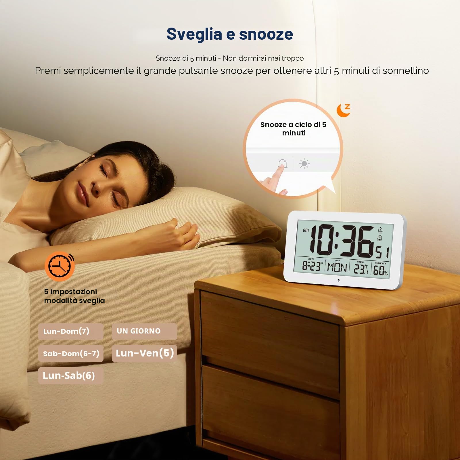 Grande sveglia digitale con monitor di temperatura e umidità, orologio da parete USB/alimentato a batteria intelligente da montare a parete e da comodino con oscuramento automatico, DST