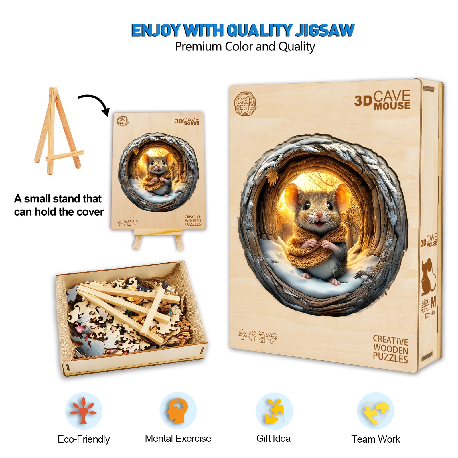 Holzpuzzle Erwachsene, Visuell 3D Höhlen Maus Puzzles, 34 x 34cm Wood Puzzle, Unregelmäßige Einzigartige Tierform Holzpuzzles für Erwachsen, Schön Geschenk für Familie Freunde