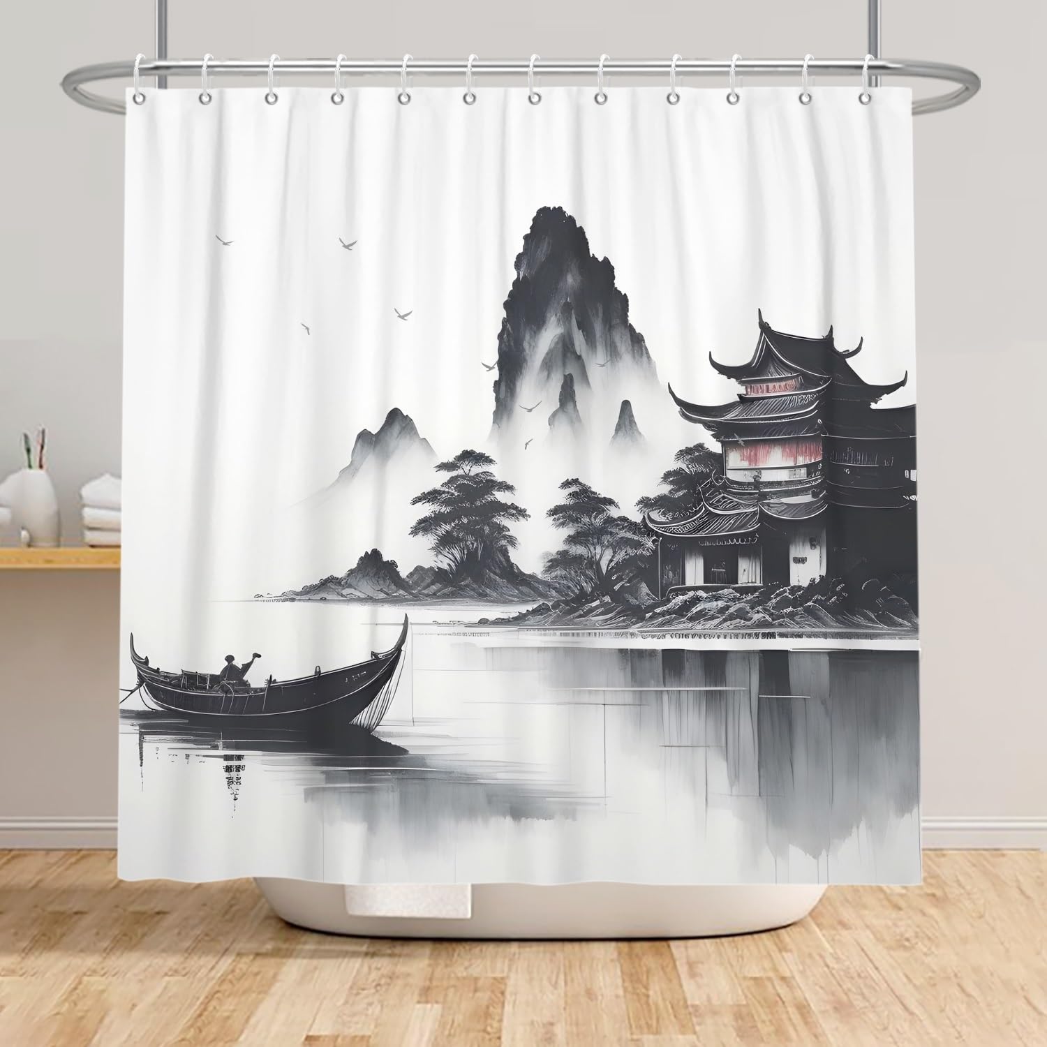 Xiaoterna Traditional Japanese Painting Shower Curtain Japanese Building Asian Ink Painting Shower Curtain Foggy Mountain Boat Wild Goose Outdoor Natural Scenery Bathroom Curtain 180x200cm - Image 3