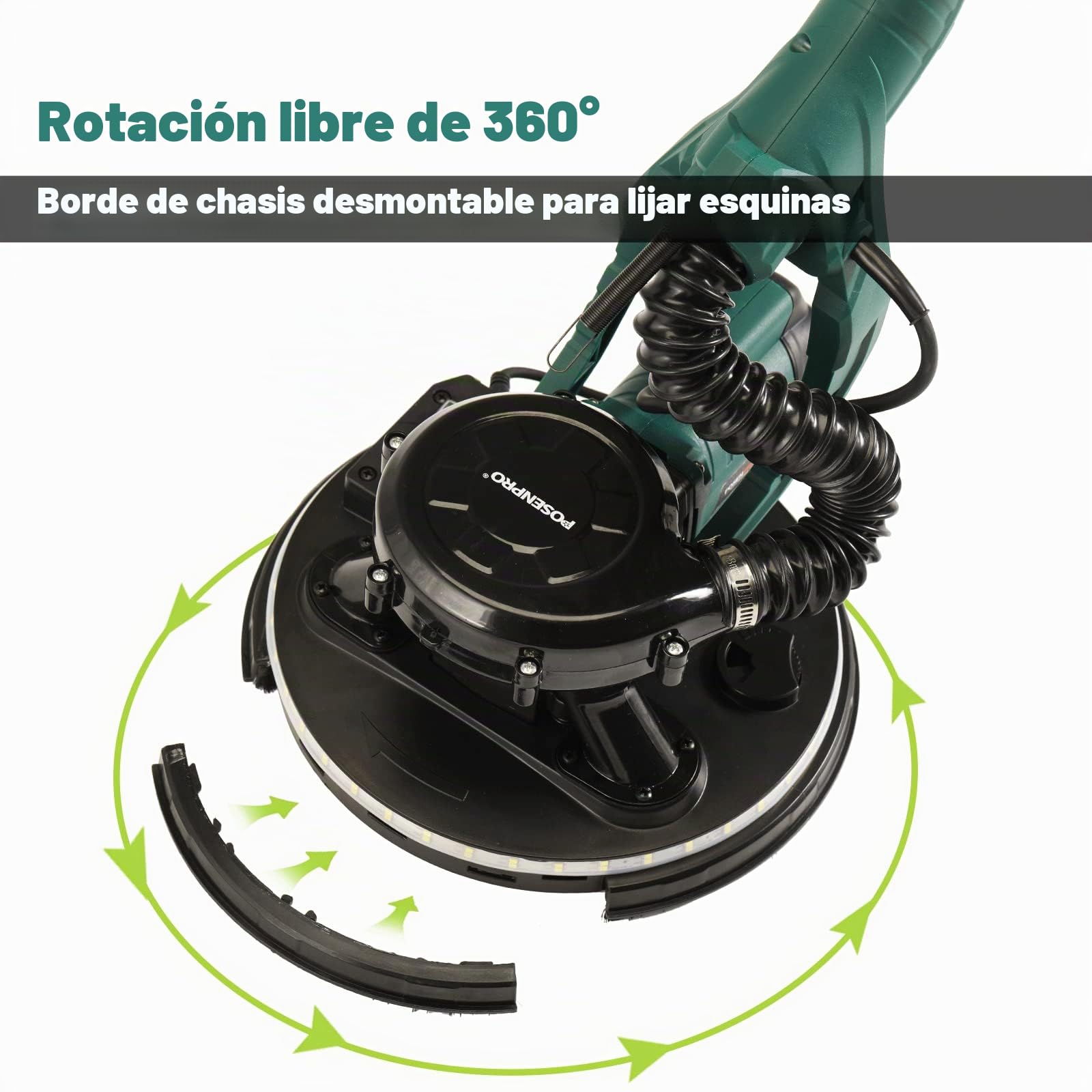 POSENPRO Lijadora de Pared Eléctrica 810W 500-2100 RPM, con 5 Velocidades Ajustables, 18 Unidades de Papel de Lija, Mango Extensible Plegable, Sistema Automático de Recolección de Polvo, Luz LED