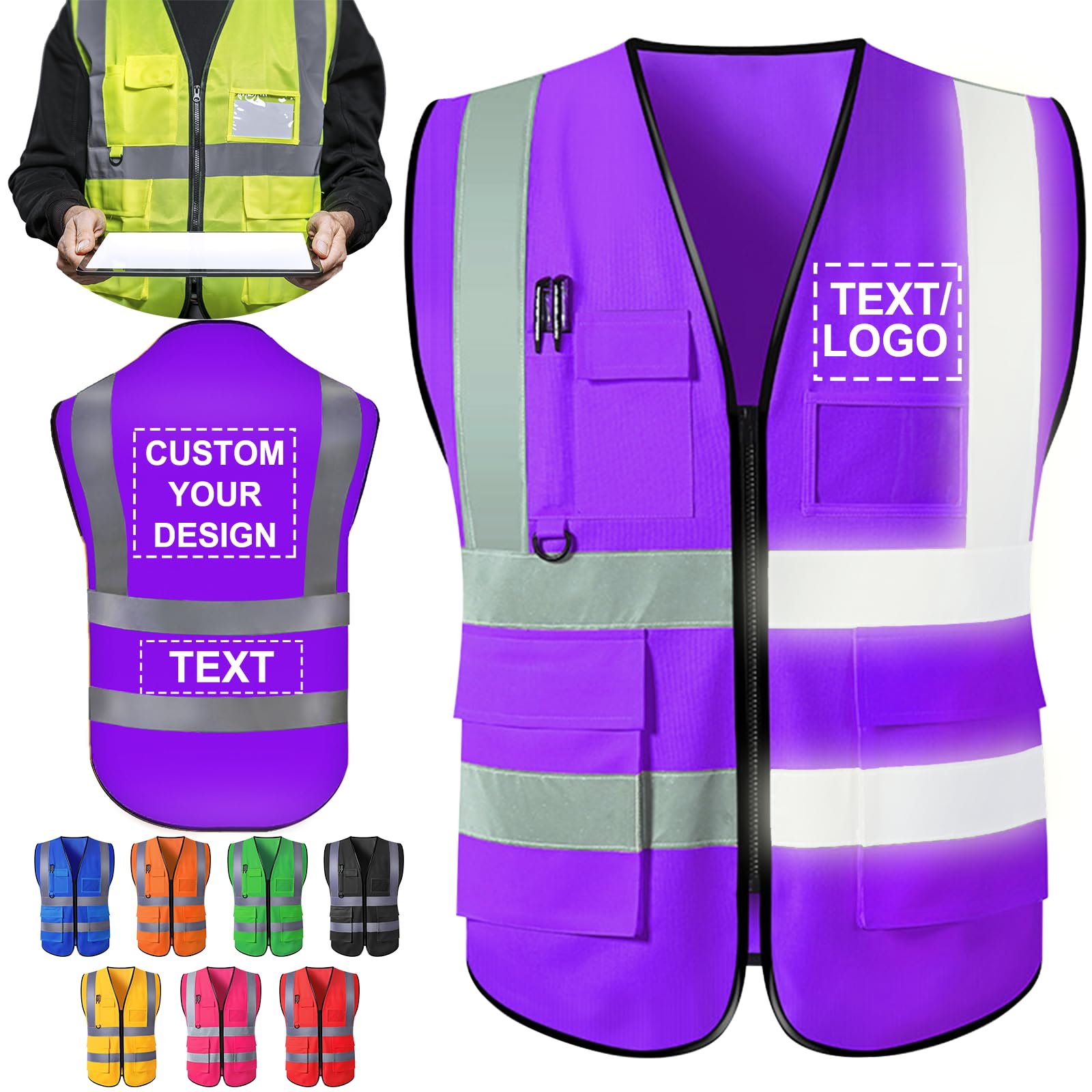 Custom Safety Vest for Men Woman with Logo Pockets Personalized High Visibility Protective Workwear With Reflective Strip