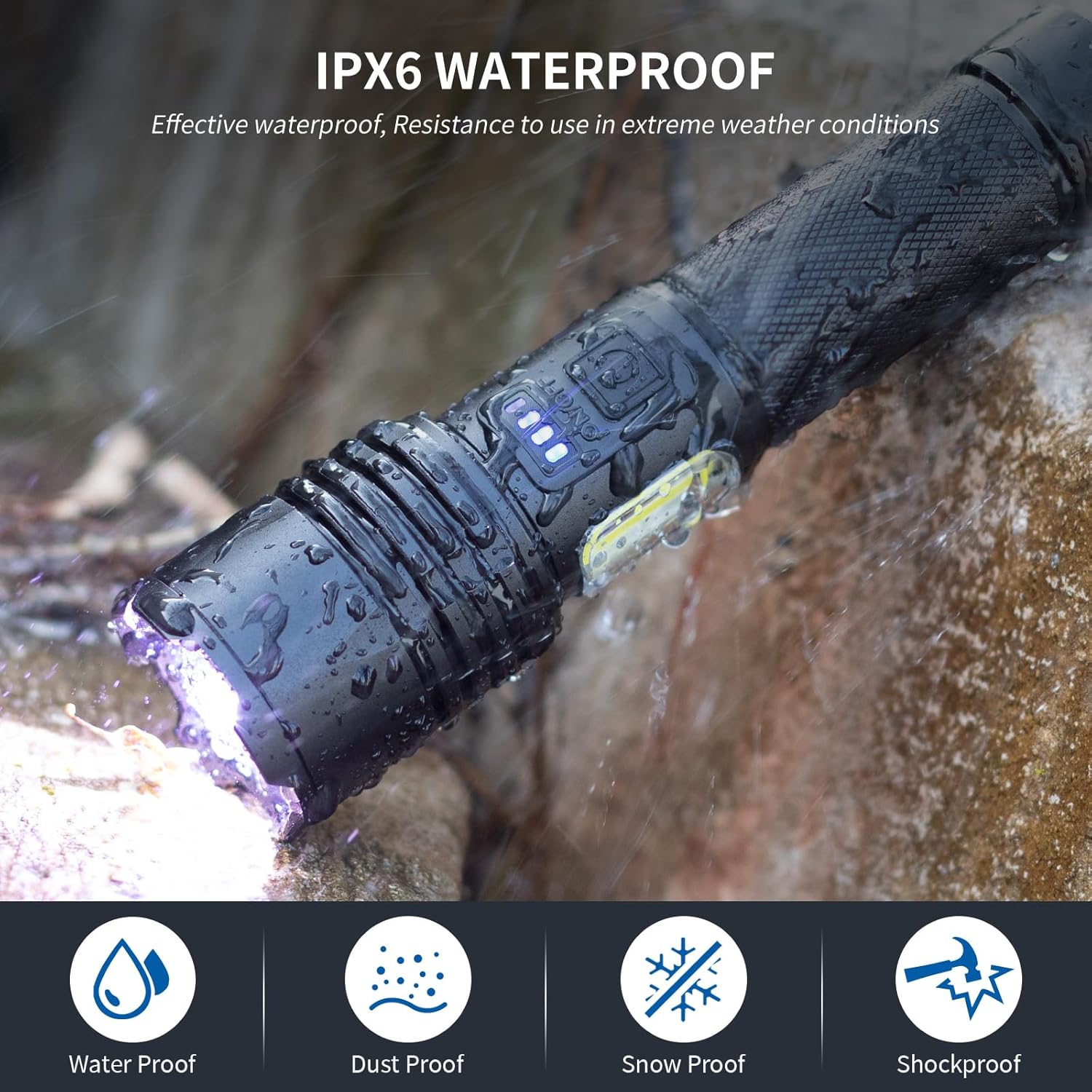 BERCOL P109-COB flashlight being splashed with water, demonstrating its IPX6 waterproof rating. Icons below indicate water-proof, dust-proof, snow-proof, and shockproof features.