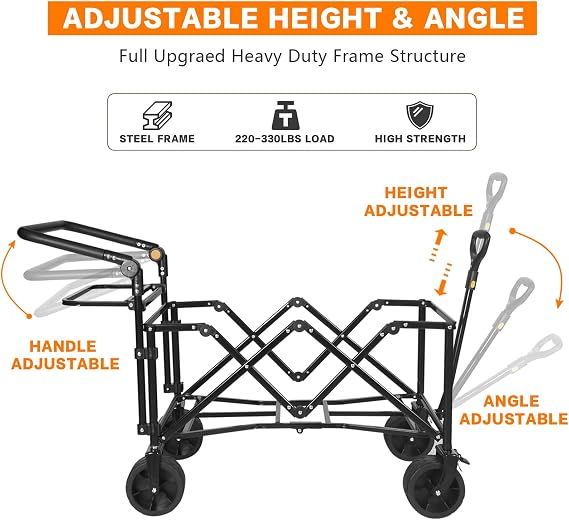 Heavy Duty Folding Wagon Cart Collapsible Wagon with Removable Canopy, All Terrain Wheels, Brake, Adjustable Handles, Waterproof Cooler Bag Utility Carts for Outdoor Garden Beach (Black)