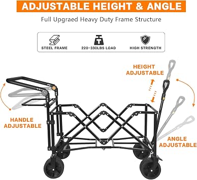 Heavy Duty Folding Wagon Cart Collapsible Wagon with Removable Canopy, All Terrain Wheels, Brake, Adjustable Handles, Waterproof Cooler Bag Utility Carts for Outdoor Garden Beach (Black)
