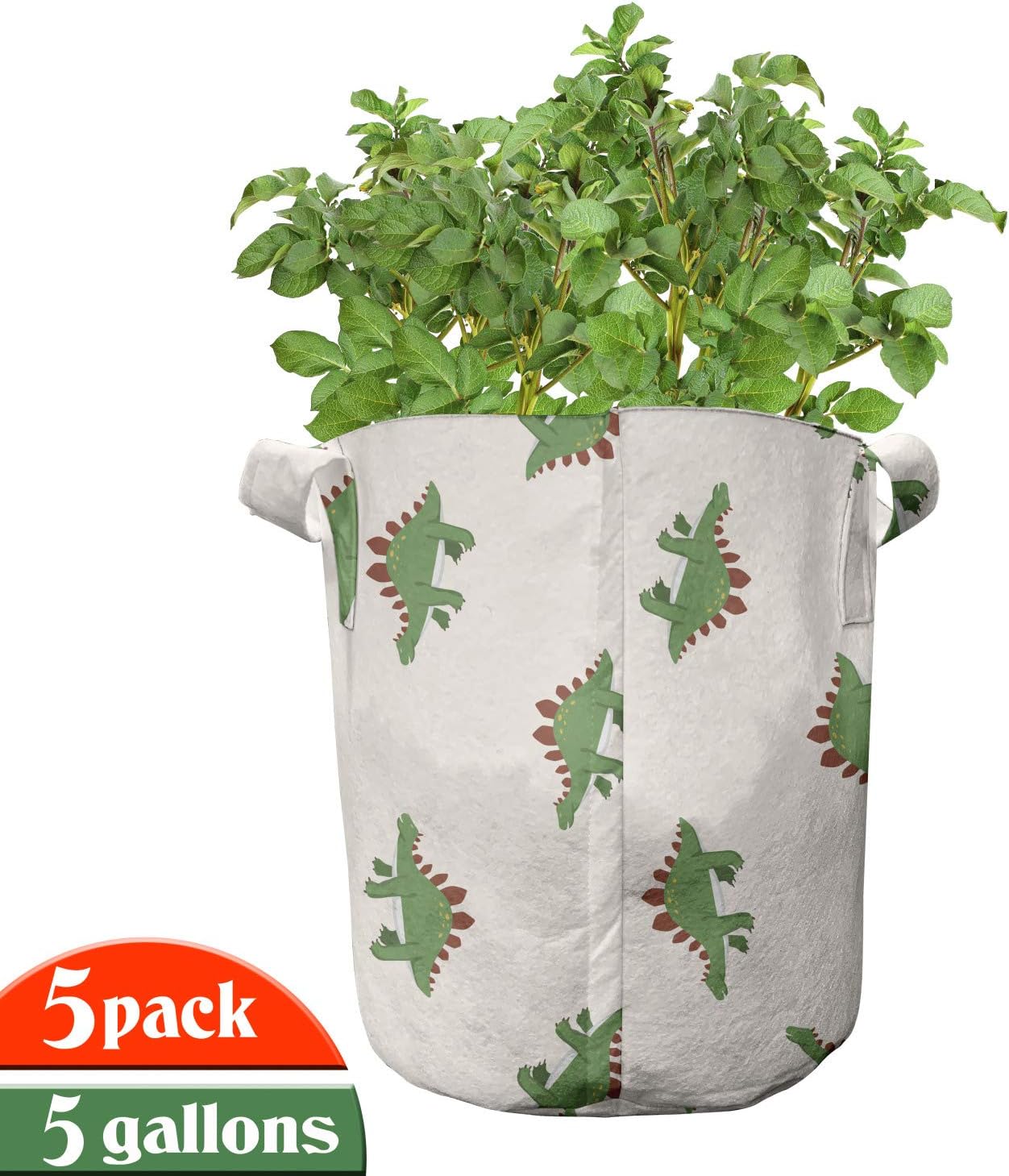 Lunarable Jurassic Grow Bags 5-Pack, Herbivorous Stegosaurus, Heavyduty Fabric Pots with Handles for Plants, 5 Gallon, Fern Green Ruby Beige