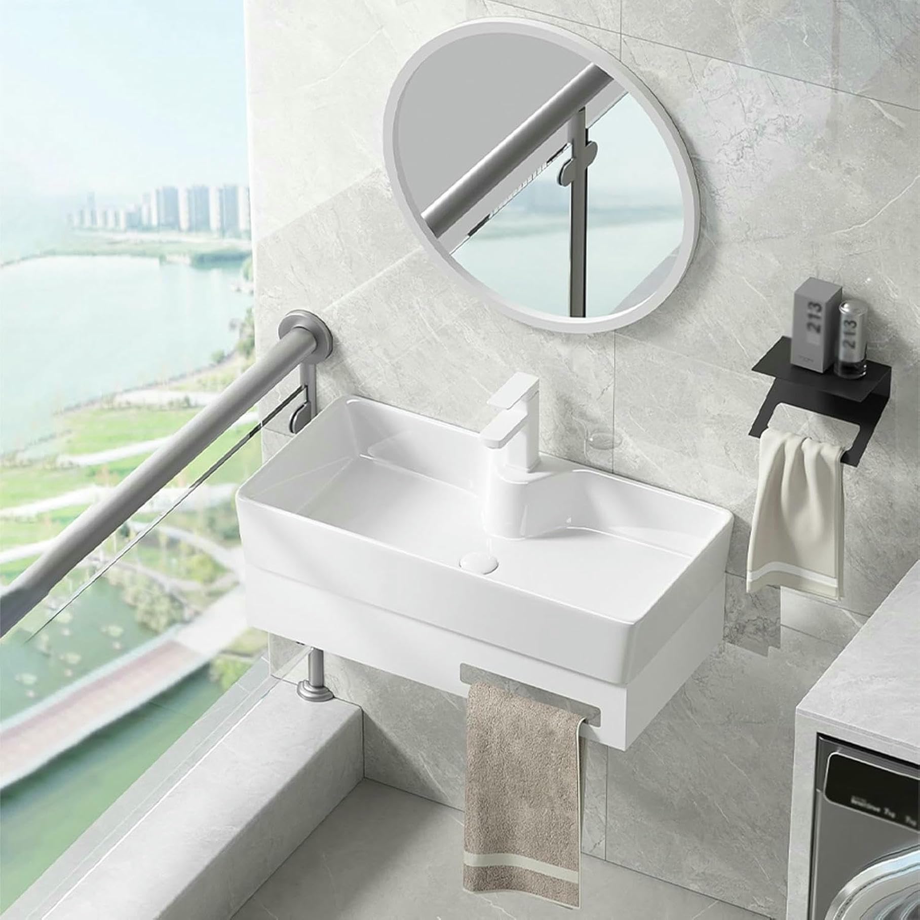 GLJTUO Corner Bathroom Vanity Cabinet with Mirror & Towel Bar Wall-Mounted Floating Sink Unit Ceramic Wash Basin for Cloakroom Space-Saving Design,size_name-48cm/18.9in