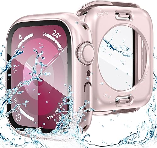 Goton Funda impermeable 2 en 1 para Apple Watch Series 9, 8, 7, 1.772 in, protector de pantalla de vidrio protector 360 de policarbonato duro +