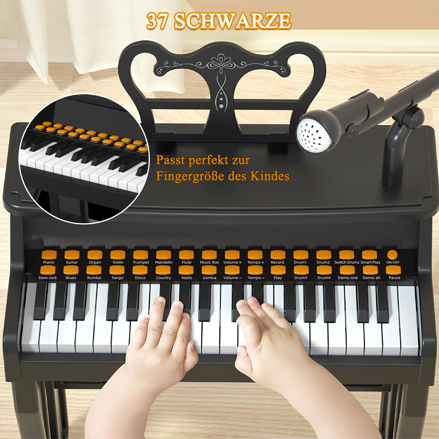 Kinder Klavier Keyboard Spielzeug, Kleinkind elektronische Musikinstrument Lernspielzeug mit Mikrofon und Hocker, Weihnachten Geburtstag Geschenk für 3+ Jahre alt (schwarz)