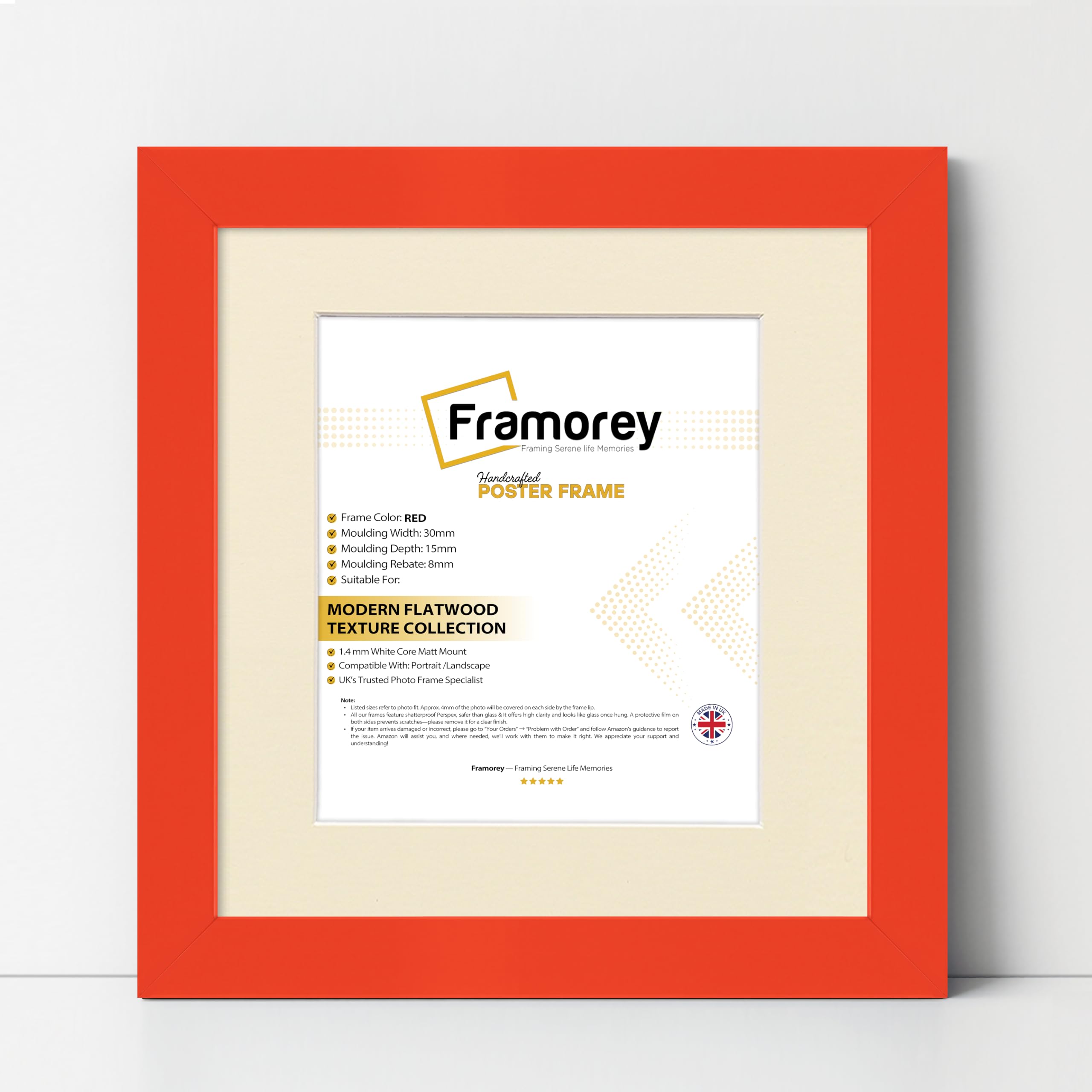 Framorey Framing Serene Life Memories Red With Ivory Mount Framorey Square Oxford Flat Wooden Effect Picture Frame, 8X8" Size Red Photo Frame With 6X6" Size Ivory Mount, Photo Print Frame, Best Photo Frames For Birthday Gift