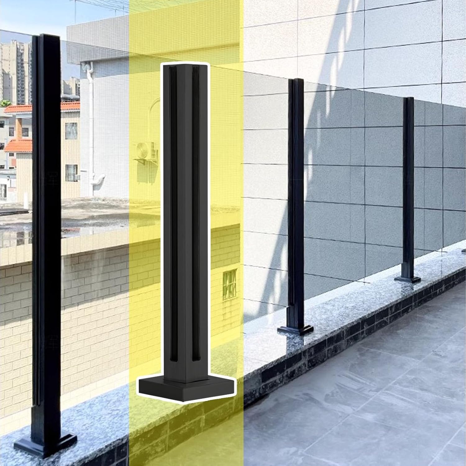 Freestanding Black Glass Railing Post for Balcony & Stairs, Durable Metal Safety Balustrade Support, 41.3" Height Corner Post for Interior & Exterior Use