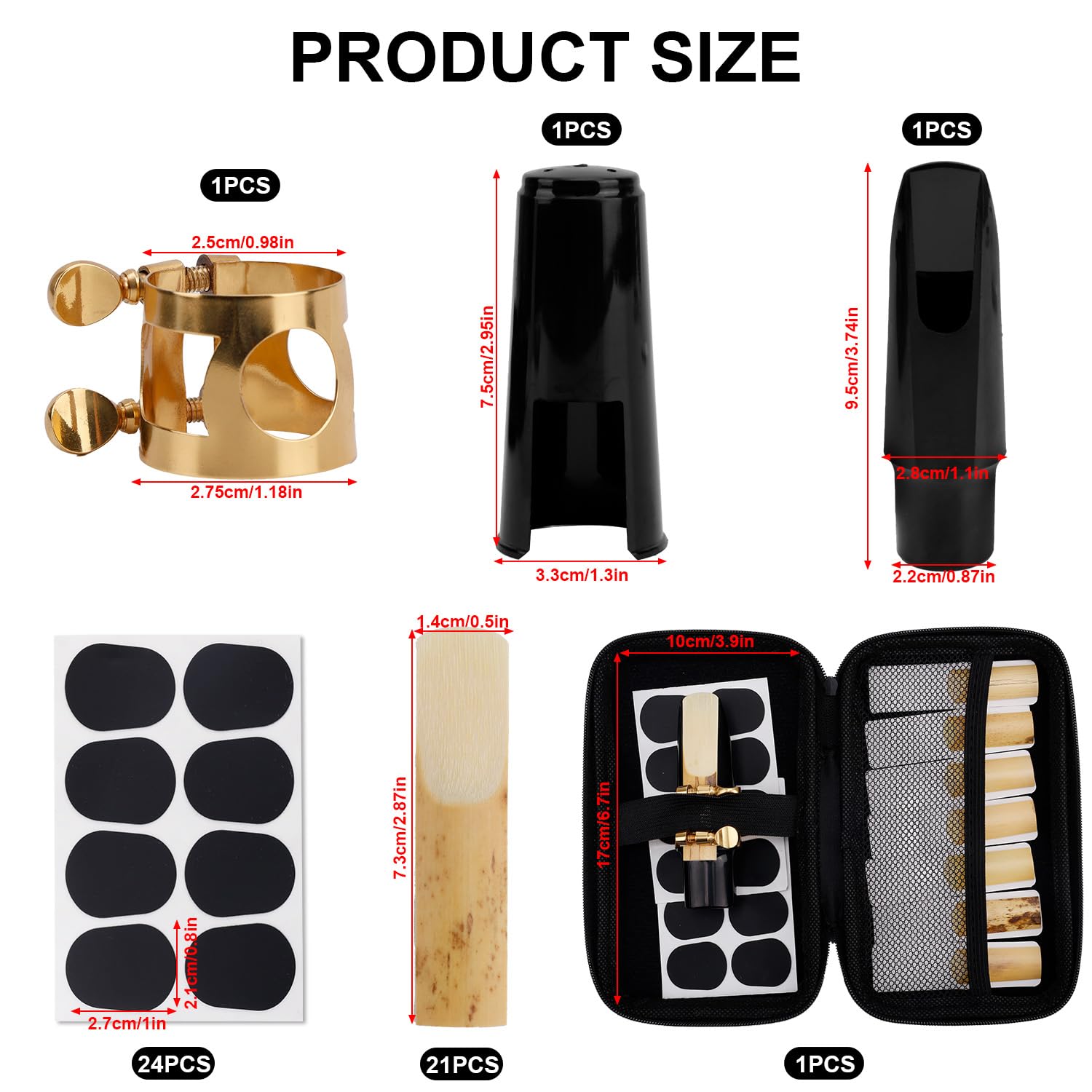 Ensemble de 49 Pièces de Rechange pour Saxophone Alto, Pièces et Accessoires Comprenant 1 Bec, 21 Anches Saxophone 2,5, 24 Coussinets Bec, 1 Housse en Plastique et 1 Étui Rangement en EVA.