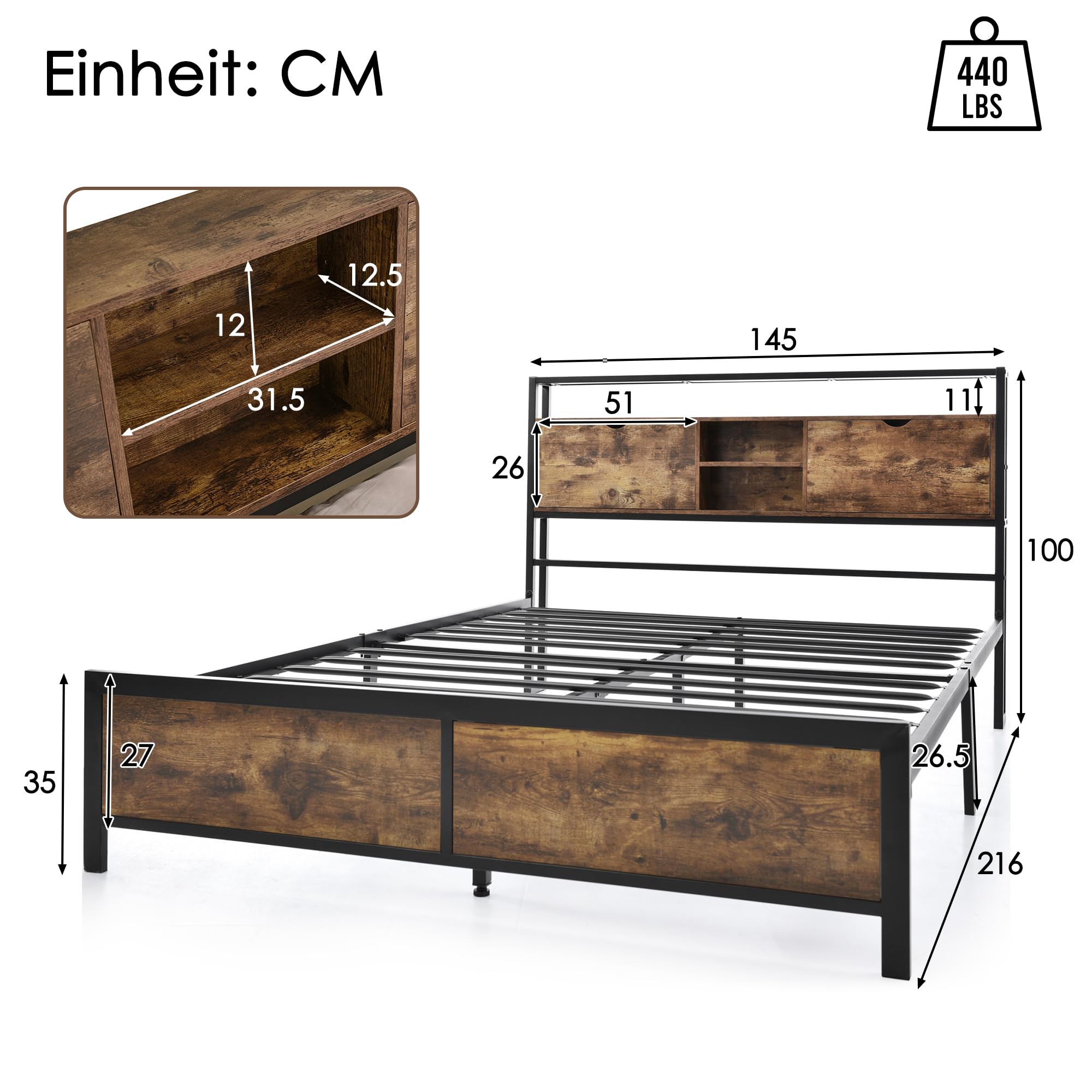 Cama de metal para adolescentes con cabecero de almacenamiento y somier de láminas de metal, marco de cama para adultos, niños, adolescentes, color negro, cama industrial (140 x 200 cm)