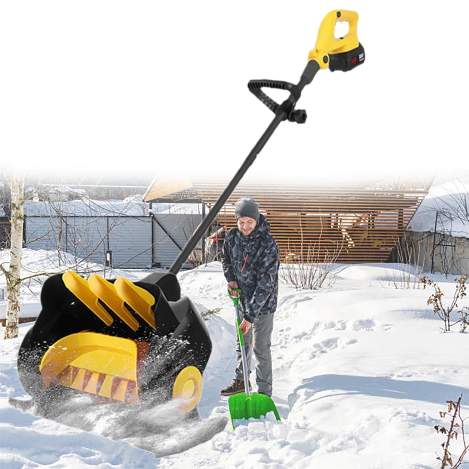 Pala da Neve Senza Fili da 21 V, spazzaneve a Batteria da 41 cm con Impugnatura Anteriore Regolabile, Distanza di Lancio della Neve di 10 m, 2 batterie e Caricabatterie rapido incl