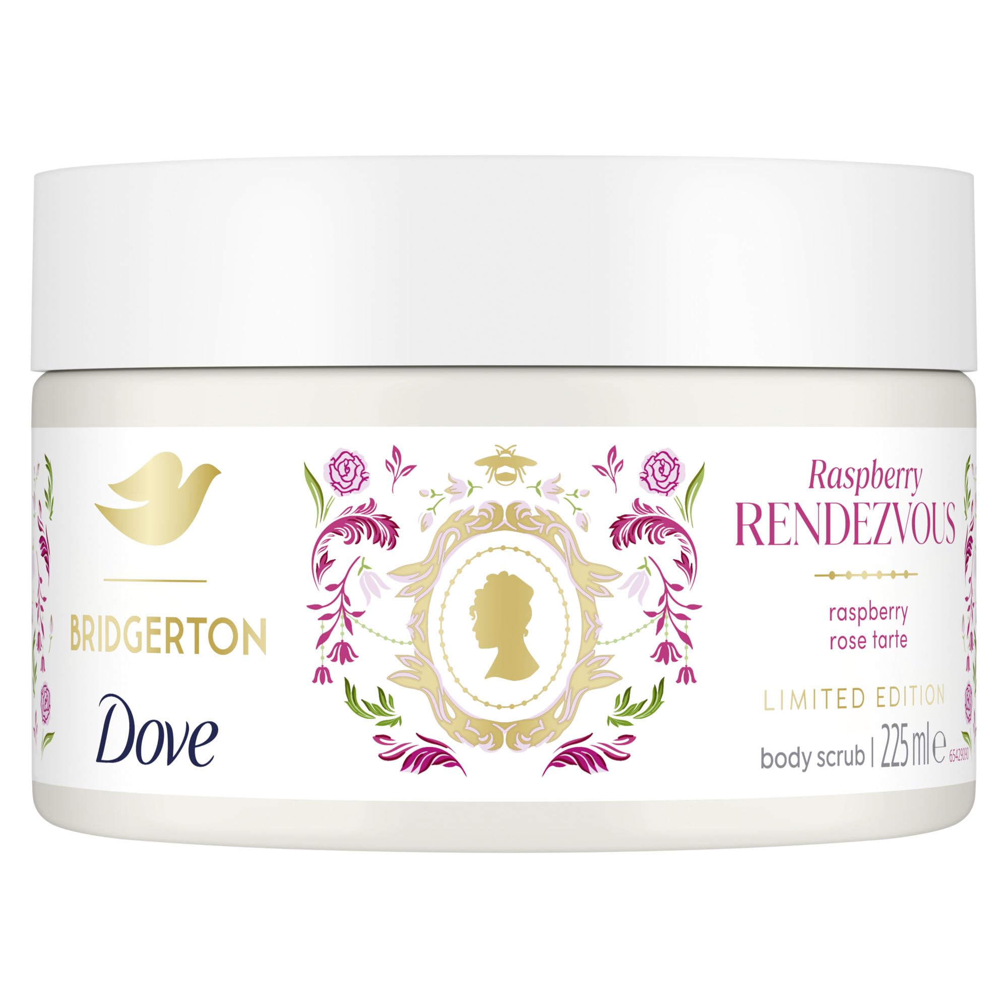 Dove Limited Edition Bridgerton Raspberry Rendezvous Body Scrub exfoliating scrub with a raspberry & rose tart scent for deep nourishment 225 ml