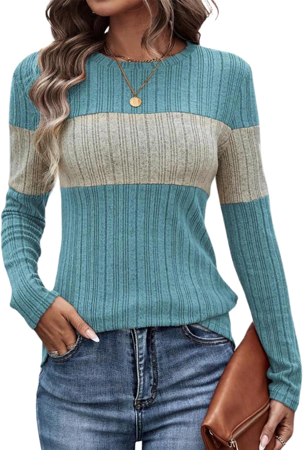 Women Knit Color Block Striped Long Sleeve Sweaters Crew Neck slim Trendy Striped s...