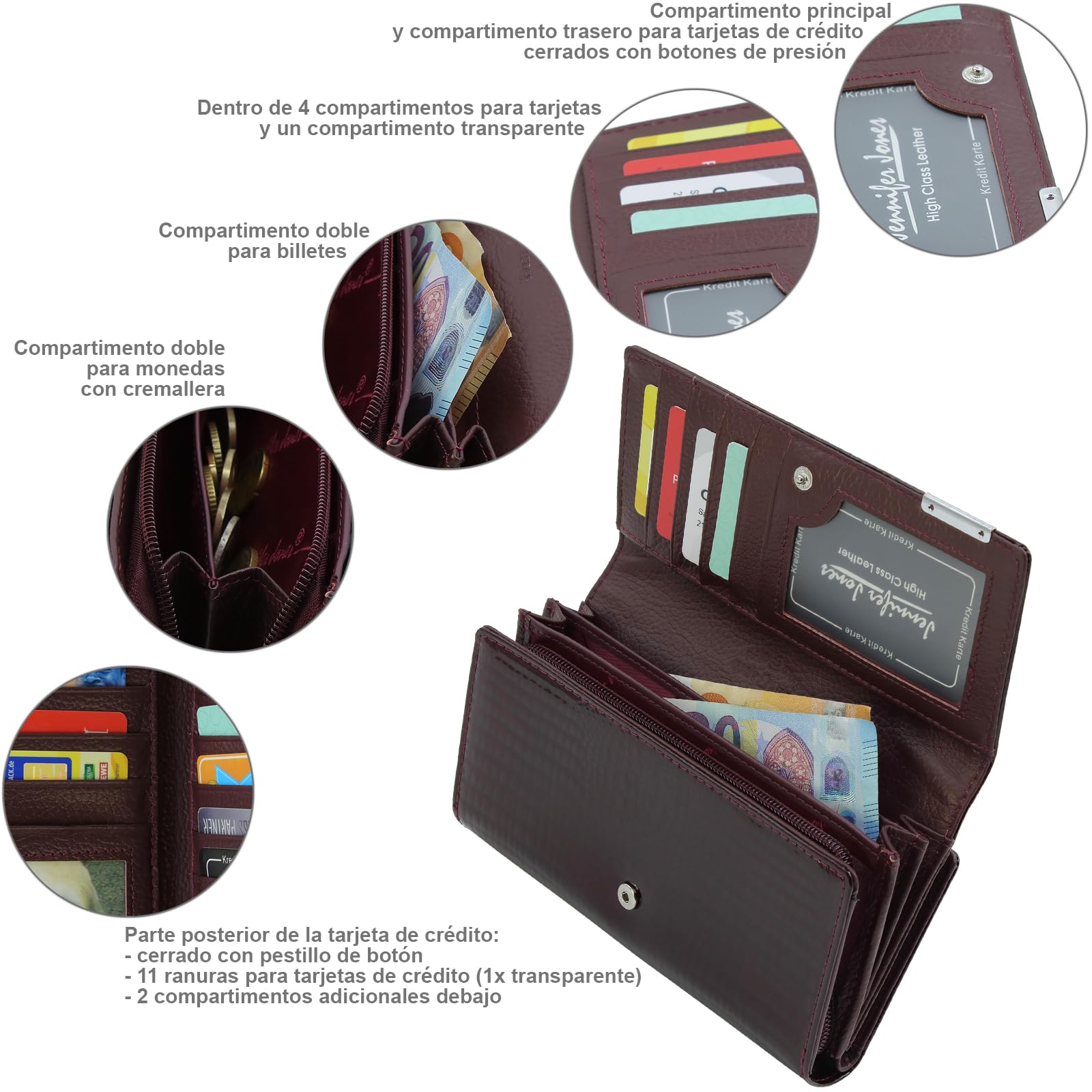 Jennifer Jones - Cartera de Piel auténtica para Mujer Moderno diseño de cocodrilo Brillante Protección RFID