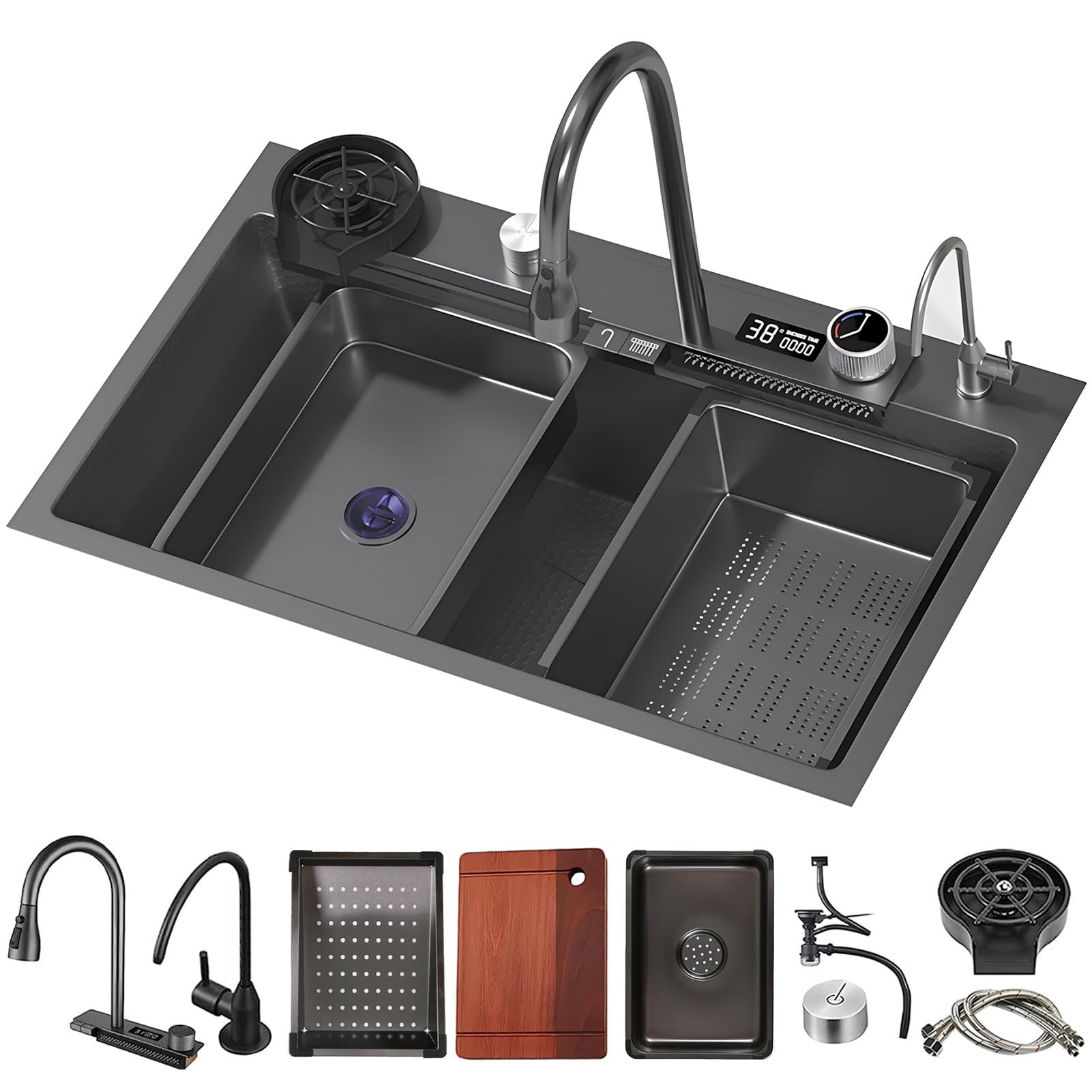 YADZISW Stainless Steel Kitchen Sink with Digital Display Waterfall Faucet | Spacious Slide-and-Dine Bar Workstation Modern Design for Easy Cooking & Entertaining