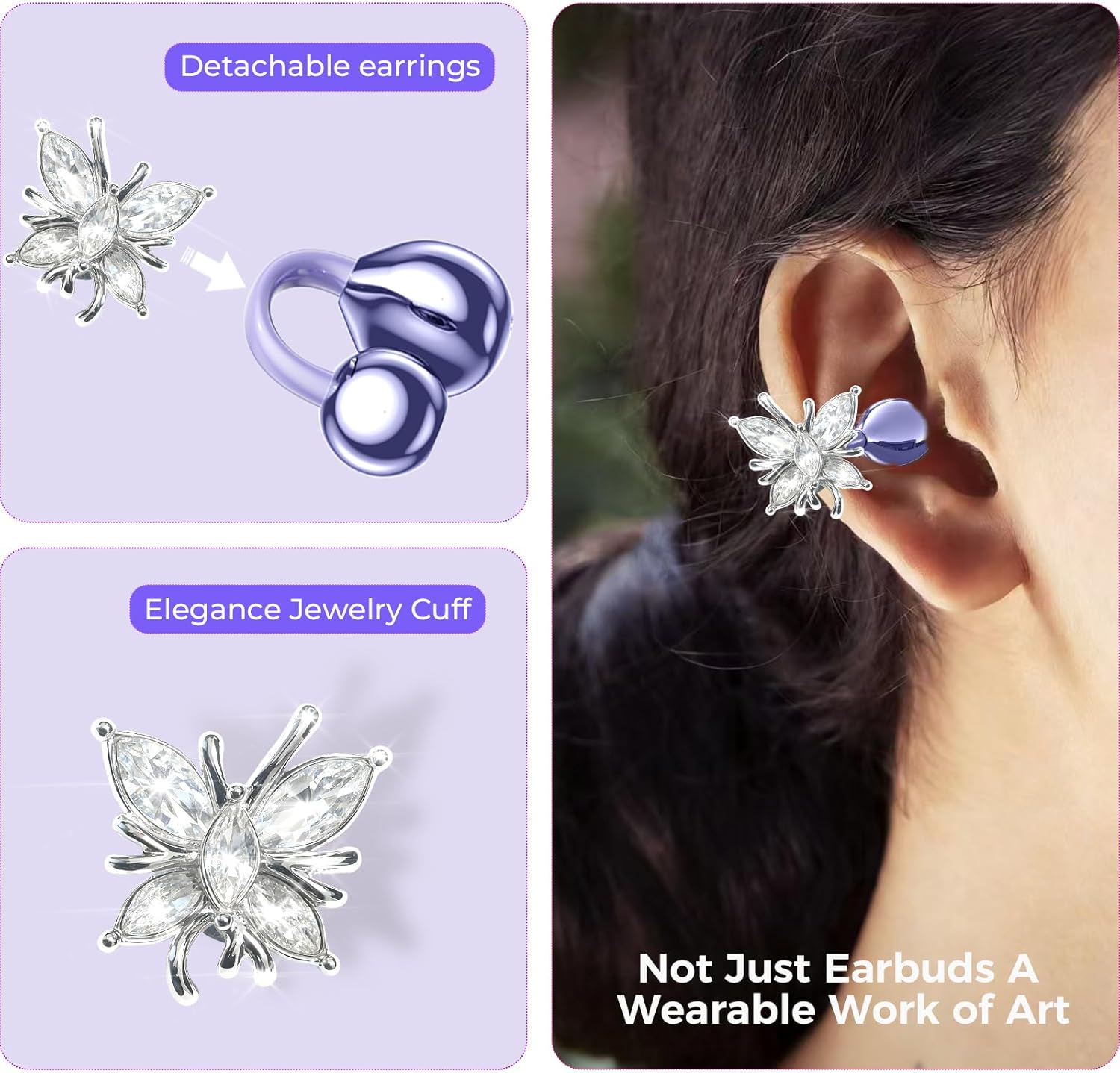Clip On Wireless Earbuds for Women, 60H Battery, Ultra Lightweight Open Ear Design, IPX5 Waterproof, Bluetooth 6.0, with Detachable Crystal Butterfly Earrings for Gifts, Sports & Workouts-Purple - Image 2