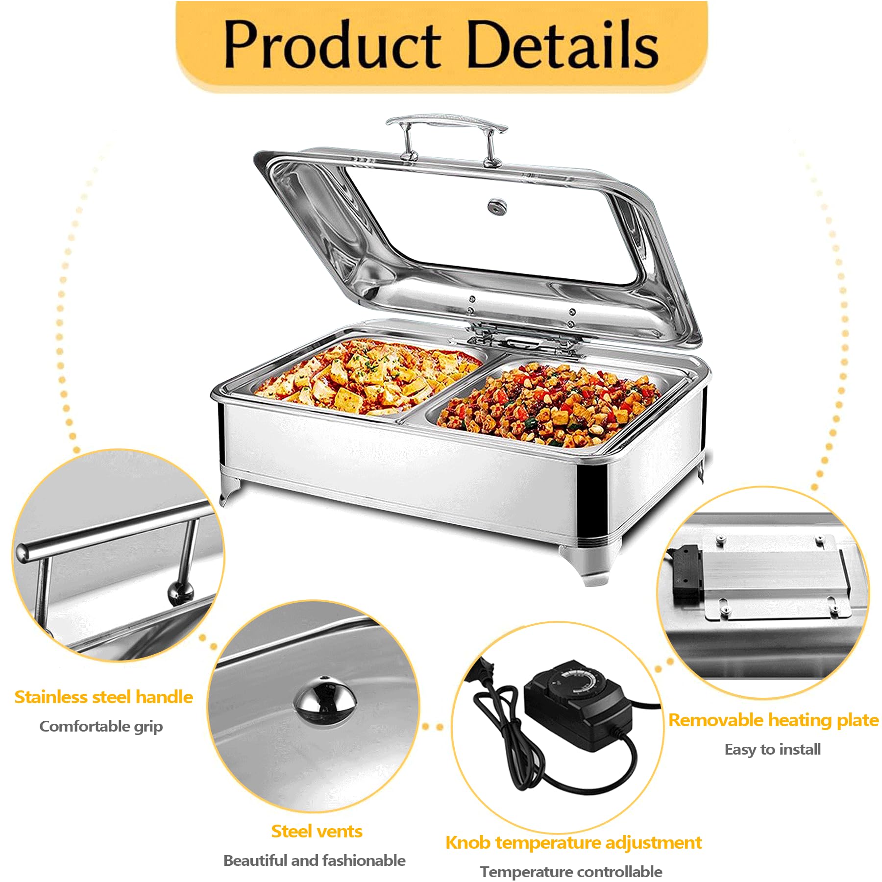 Chafing Dish Eléctrico, 9L Calentador de Buffet in Acero Inoxidable | Calentador de Comida Profesional con Tapa Visible para Buffet y Fiesta, Temperatura Regulable (0-85℃)
