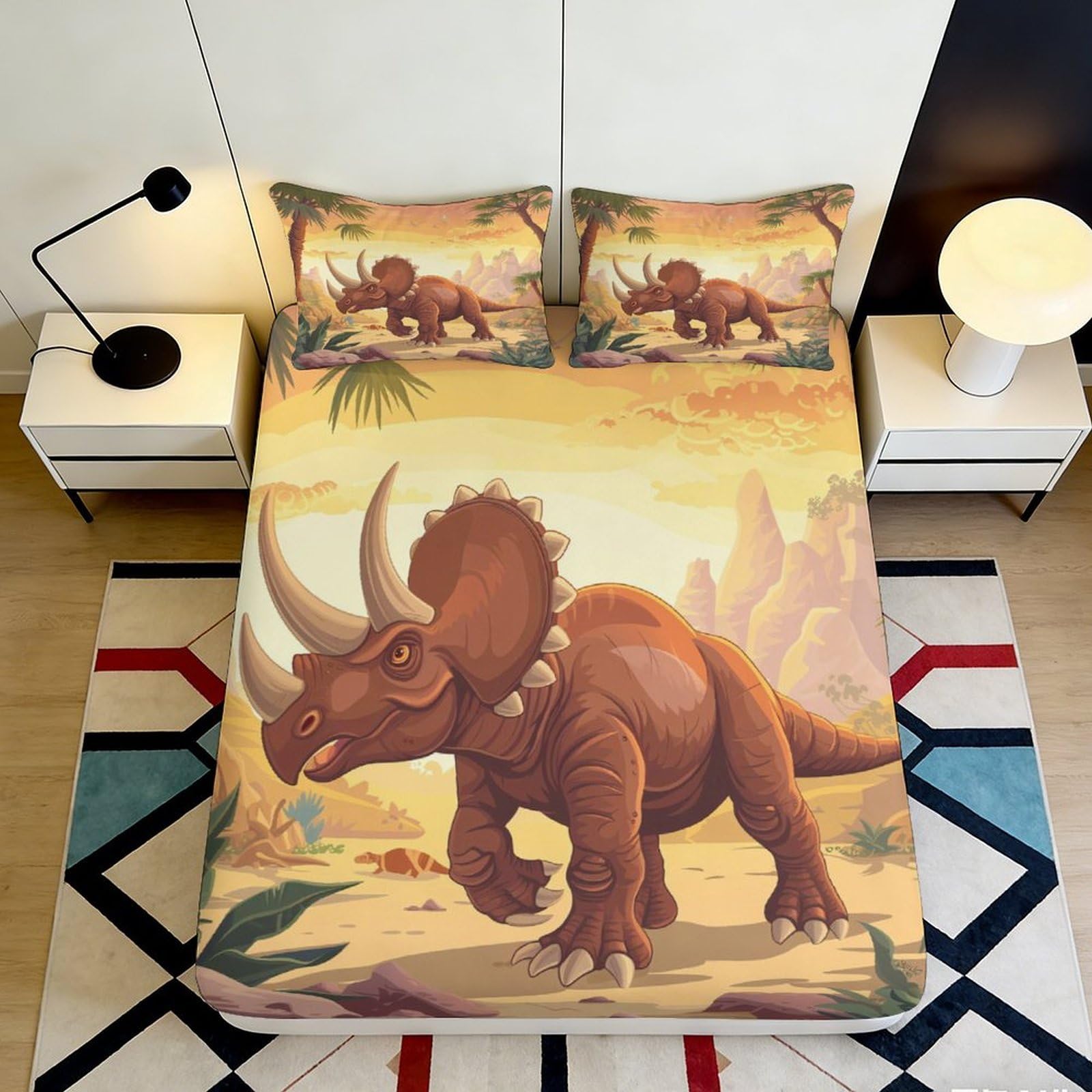 3D Printed Dinosaur Landscape Fitted Sheet Microfiber Soft Brown Triceratops Bed Cover for Bedroom Dorm Decor 90x200x25cm
