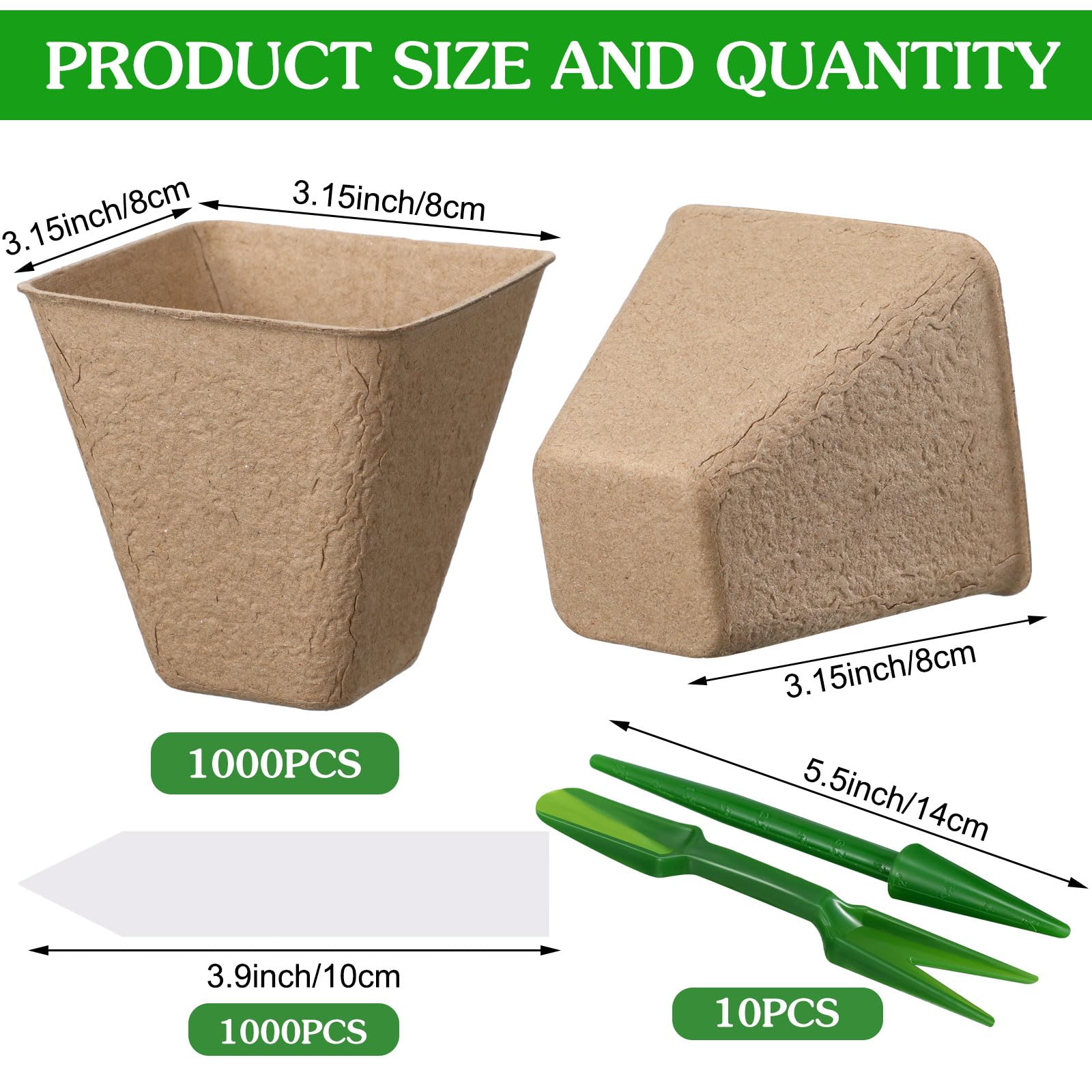 Layhit Lot de 1 000 pots de tourbe de 7,9 cm, kit de démarrage de semis, pots de semis avec 1 000 étiquettes pour plantes, 10 outils de transplantation (carrés)