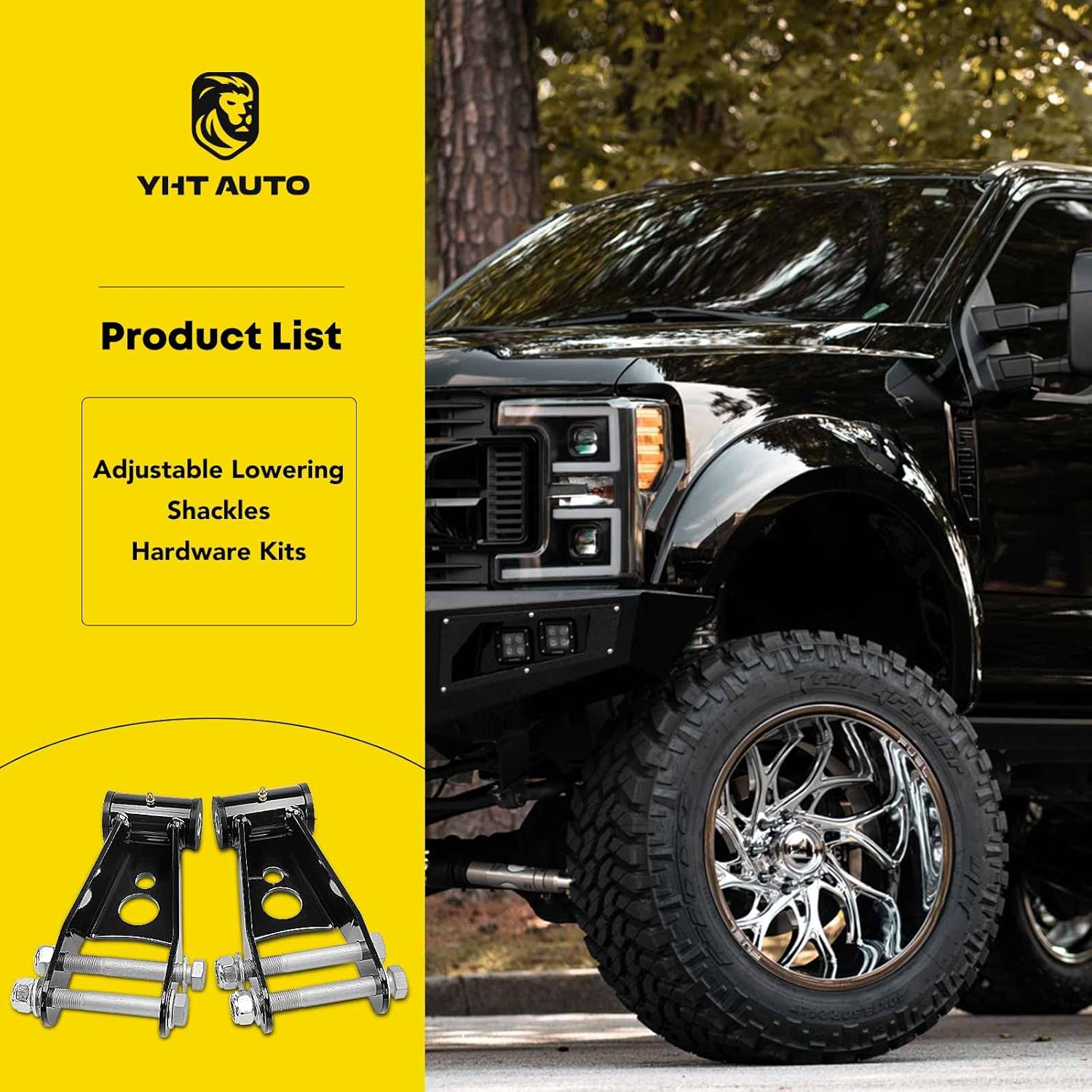 YHTAUTO 1-2 inch Rear Adjustable Lowering Shackles Leveling Lift Kit w/Bolts Compatible with Chevy Silverado 1500 & GMC Sierra 1500 1999-2019, 4WD/RWD & 6-Lug only, Set of 2