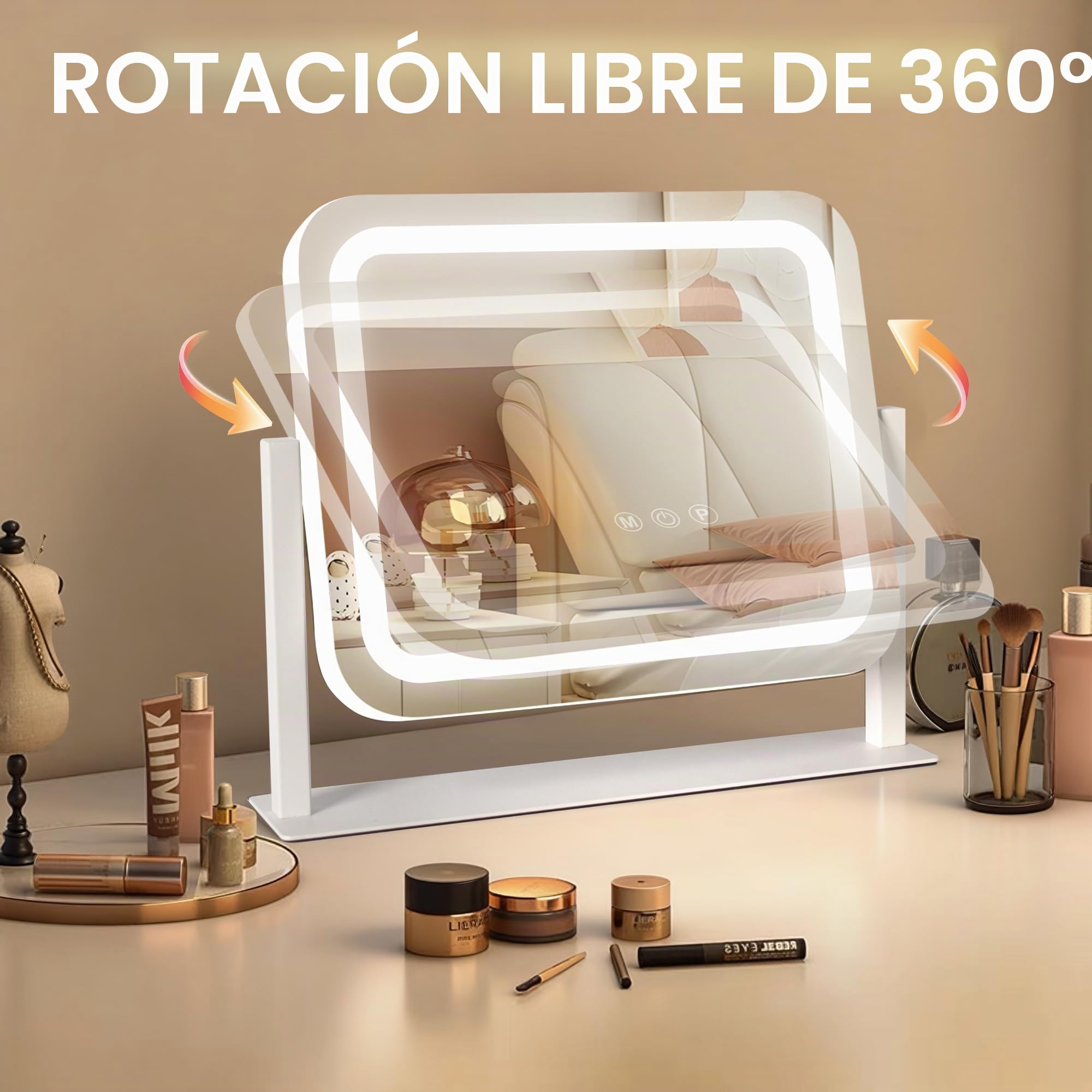 Ratsamee Espejo Maquillaje con Luz, Espejo Tocador 3 Modos de Luz, Intensidad Ajustable, Control Táctil, Giratorio 360°, Accesorio de Aumento Incluido, 35 x 30cm, Blanco