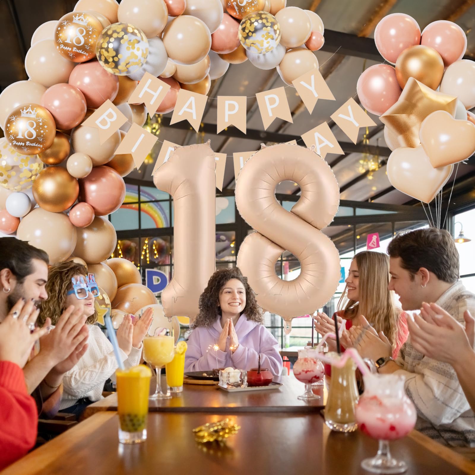 48-delige partydecoratieset - confetti slinger ballonnen folieballon pompon meisjes 18e verjaardag Happy Birthday kinderverjaardag decoratie bruiloft doop party heliumballon roségoud gouden helium ballon