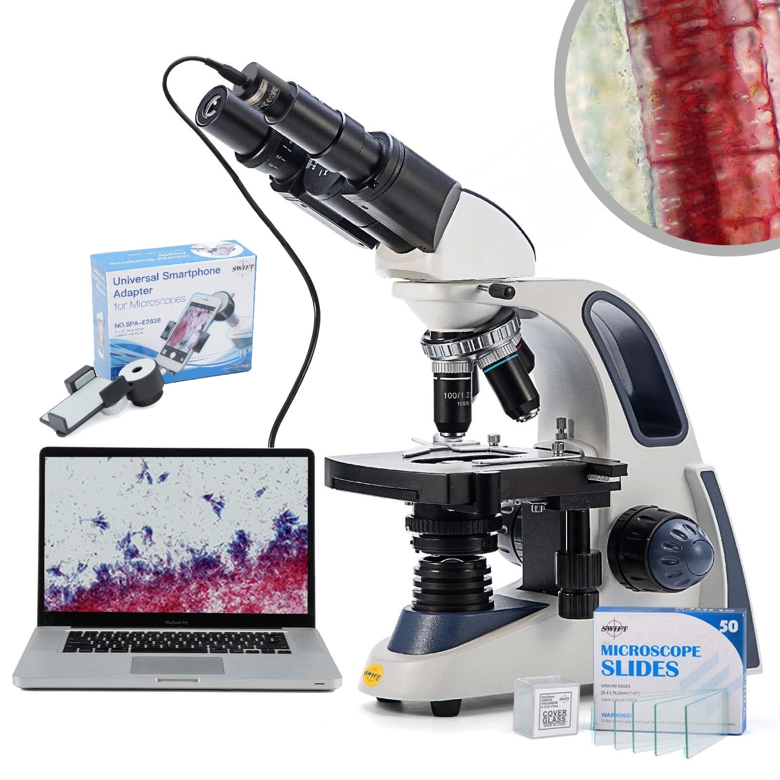 SWIFT SW380B-EC5R-BSC-SPAE2628 40X-2500X Siedentopf Research-Grade Compound Lab Binocular Microscope with 5.0 Megapixel Camera and 100PCS Blank Slides and 100PCS Coverslips and Smartphone Adapter