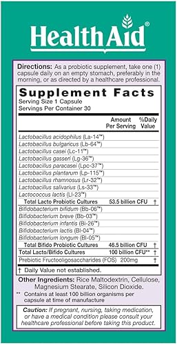 Miniatura 2 de HealthAid UltraProbio, 100 mil millones de 30 cápsulas una vez al día, soporte óptimo, 100 mil millones con prebióticos, resistentes a ácidos y