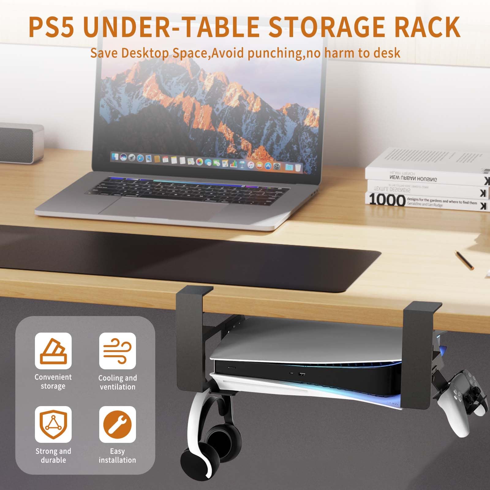 PS5 Halterung unterm Tisch, Metal Under Desk Mount für PS5 Pro, PS5 Slim Stealth Mount, Untertischhalterung für PS5 Pro/PS5 Slim/PS5 Disc & Digital Edition Zubehör mit Klemmhalterung & Schraube
