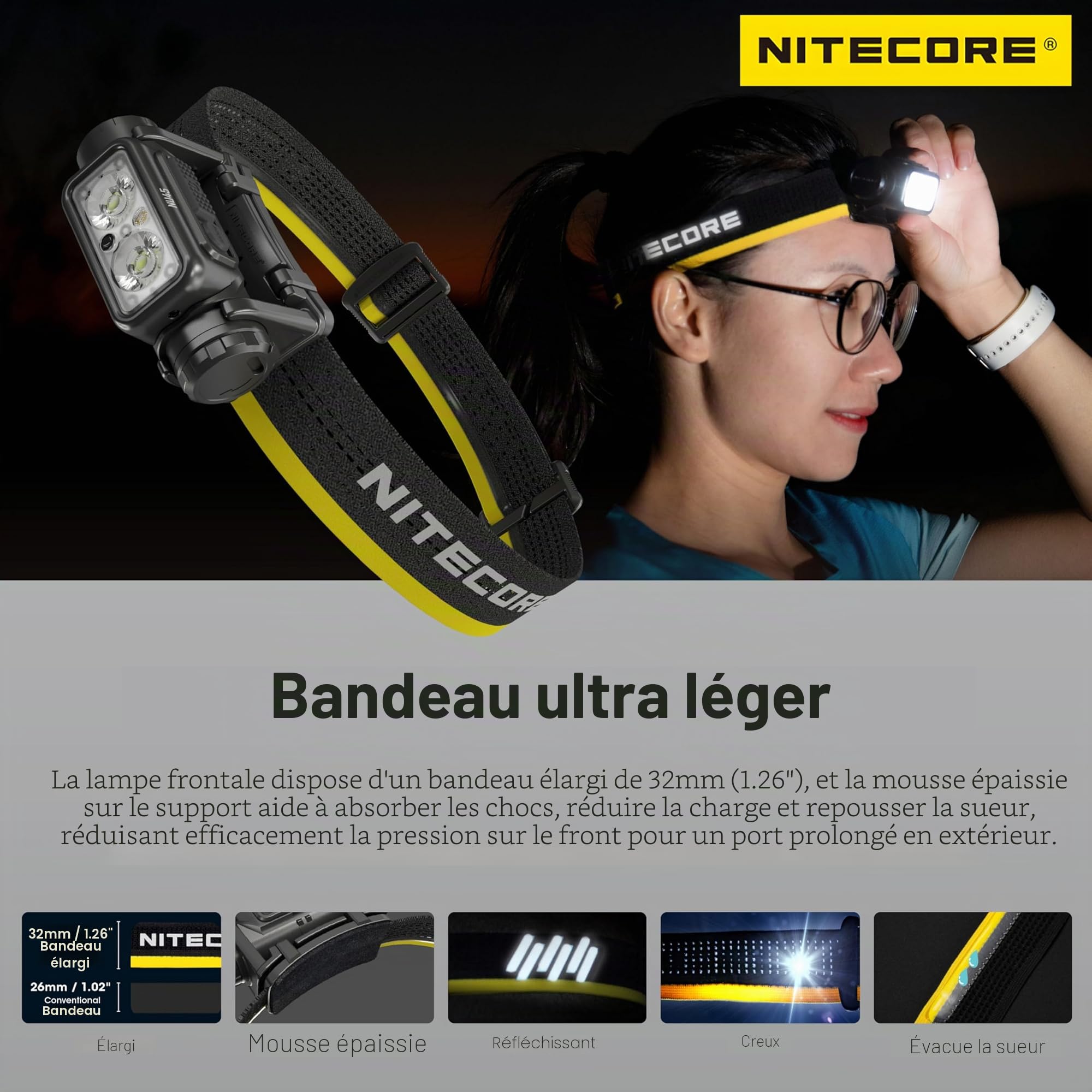 Lampe frontale Nitecore NU45 1700 lumens légère avec batterie 4000mAh rechargeable par USB-C