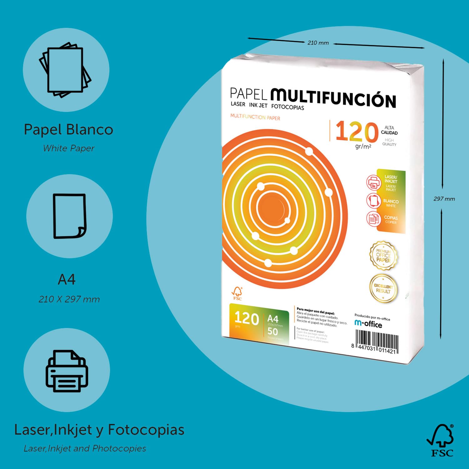 Carta Multiuso A4 120g 400 fogli per Stampanti Laser e Getto d'Inchiostro m-office