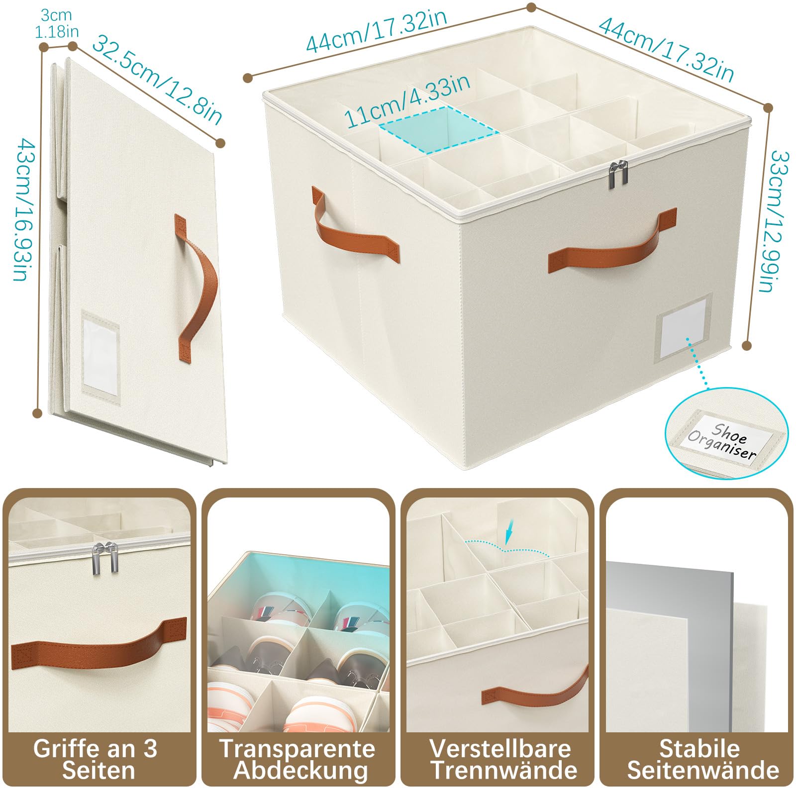 Storivo Organizer per scarpe con divisori regolabili – Scatola per scarpe impilabile con coperchio trasparente con cerniera – Porta scarpe per 16 paia di scarpe, stivali, scarpe da ginnastica e tacchi