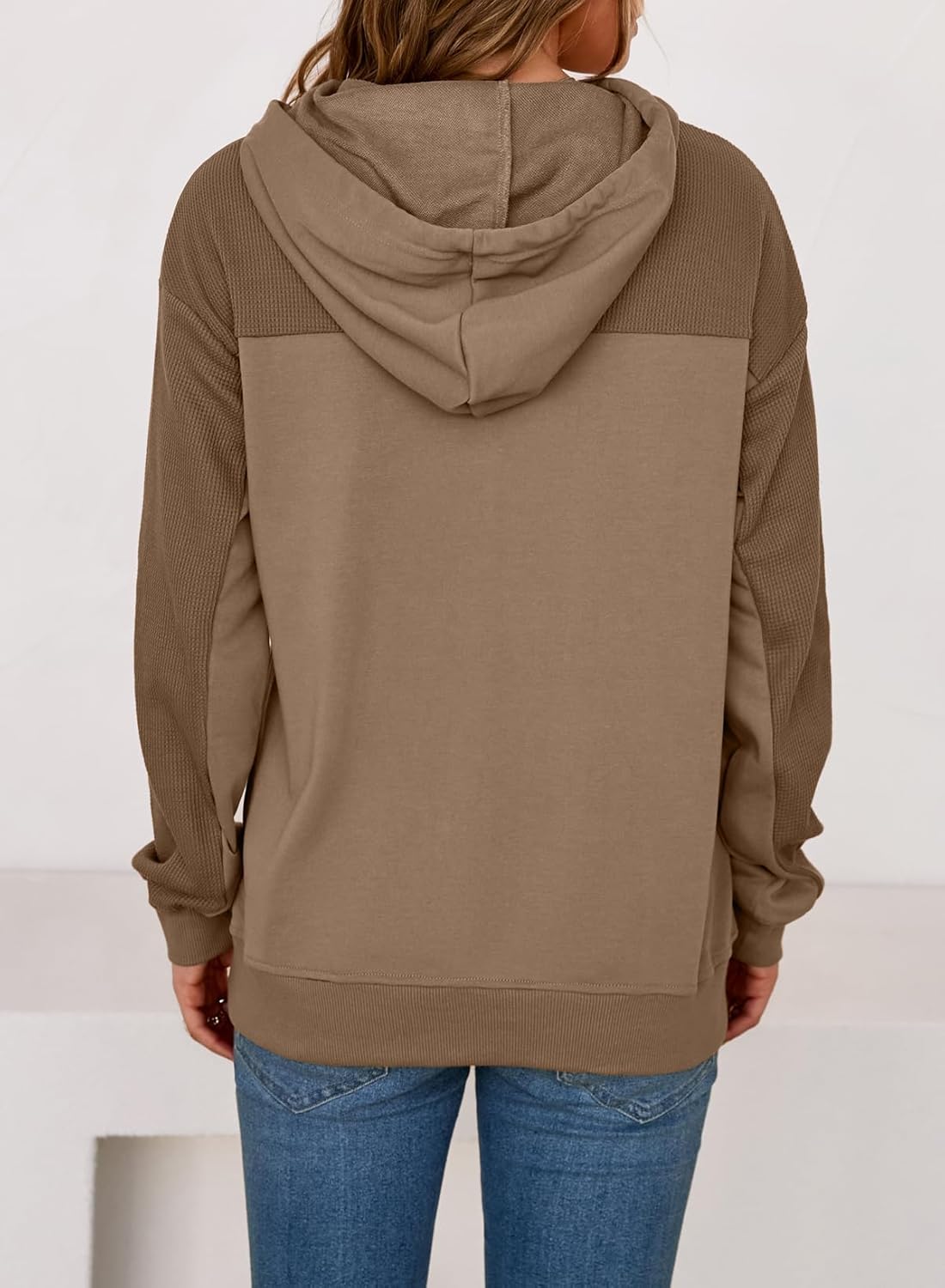 EVALESS Hoodies for Women Long Sleeve Patchwork Waffle Knit Drawstring Oversized Hooded Sweatshirt Tops Fashion 2025 - Image 3