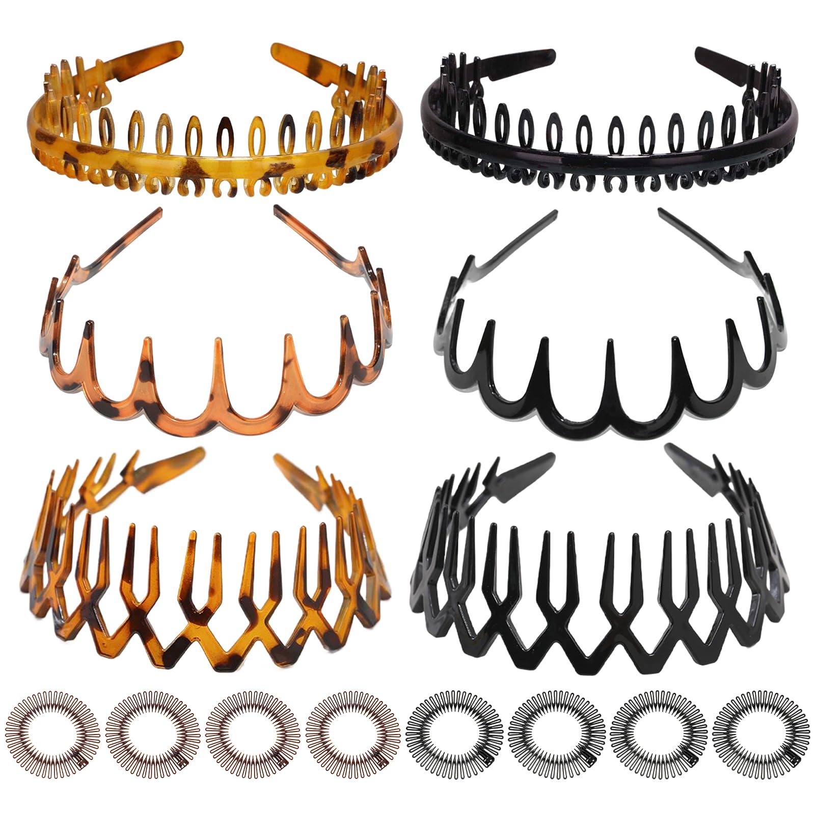 8 PCS Zig Zag Headbands and 8 PCS Ponytail Rings, Plastic Tooth Headband, Non-Slip Elastic Spiky Headband