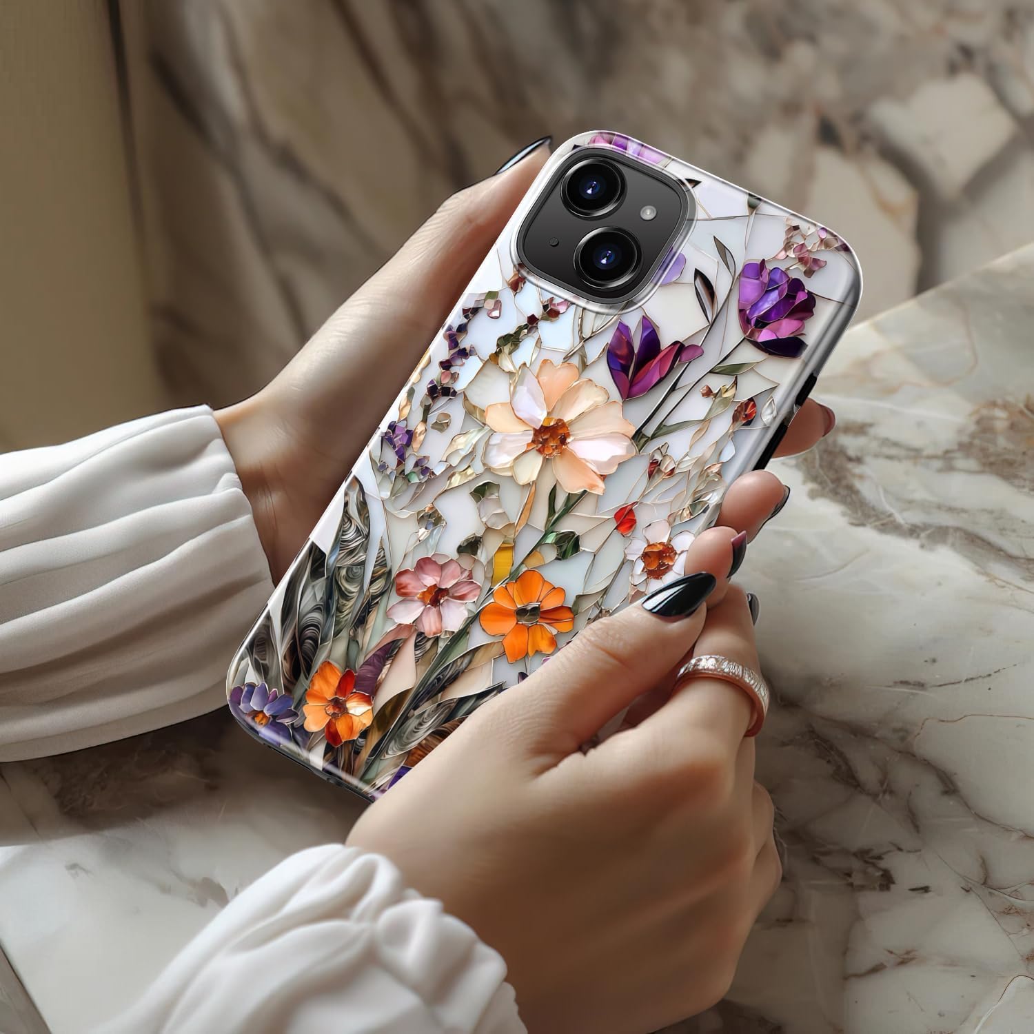 LUHOURI for iPhone 14 Case,Wireless Charging Compatible,Dual-Layer - Soft Silicone Inner + Hard Outer Shell,Cute Wildflower Design,Protective Phone Cover for Women - Marble Pressed Flowers - Image 2