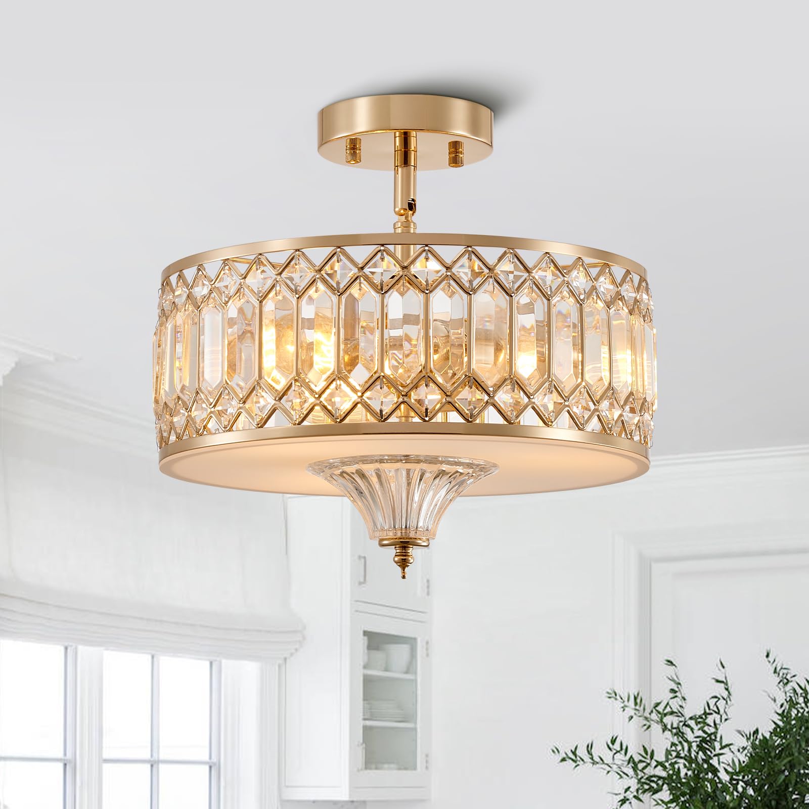 Majhoiw Gold Crystal Ceiling Light Fixture for Hallway Foyer Bedroom Kitchen Island, 33cm Dia Modern Round Close Ceiling Light Fixture, 3-Light Brushed Gold Chandelier