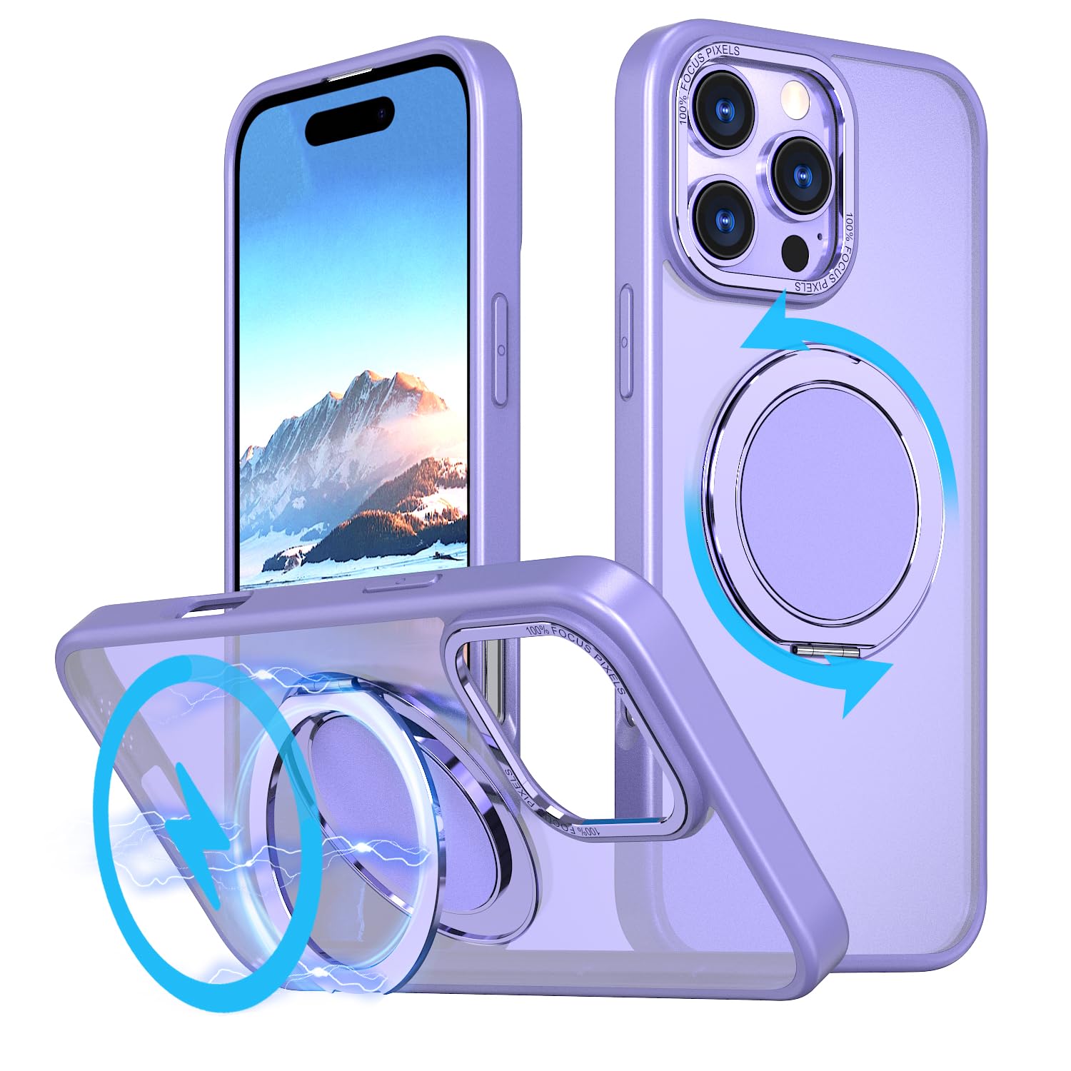 MAXCURY 360° Ring Stand Magnetic for iPhone 16 Pro Max Case, [Anti-Fingerprint] [Military Drop Protection] [Compatible with MagSafe] Soft Edge
